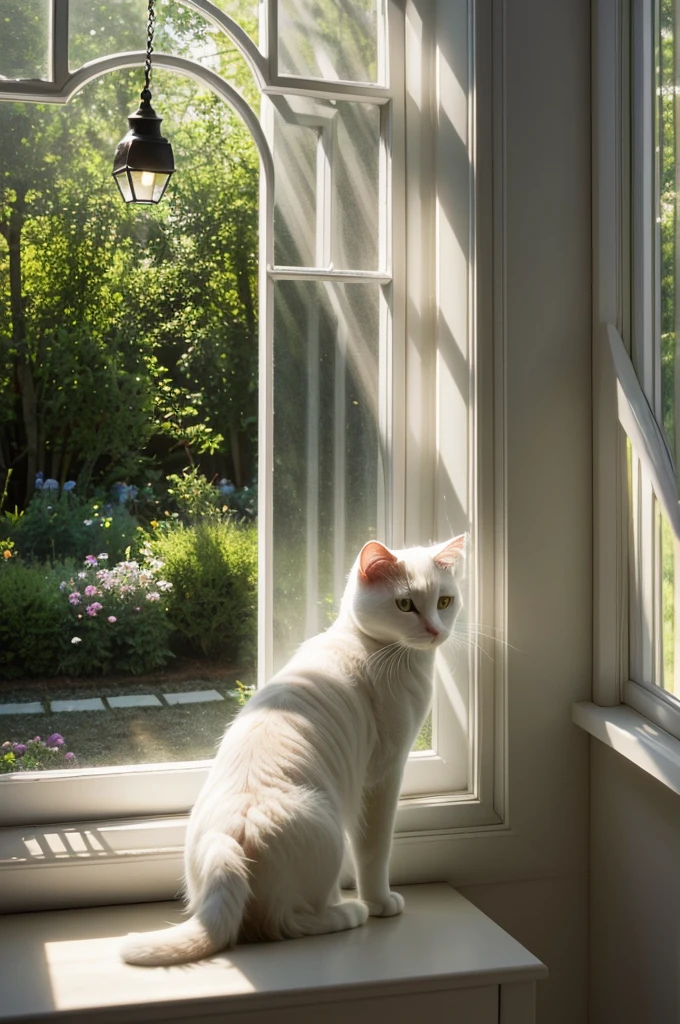 Close-up photo of a very cute pure white cat in the garden, Soft volumetric lamp, (The light from the back window is backlighted:1.3), (Cinematic:1.2), Intricate details, (art stations:1.3), Maine
