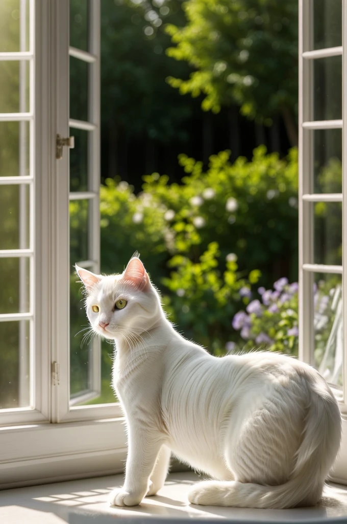 Close-up photo of a very cute pure white cat in the garden, Soft volumetric lamp, (The light from the back window is backlighted:1.3), (Cinematic:1.2), Intricate details, (art stations:1.3), Maine