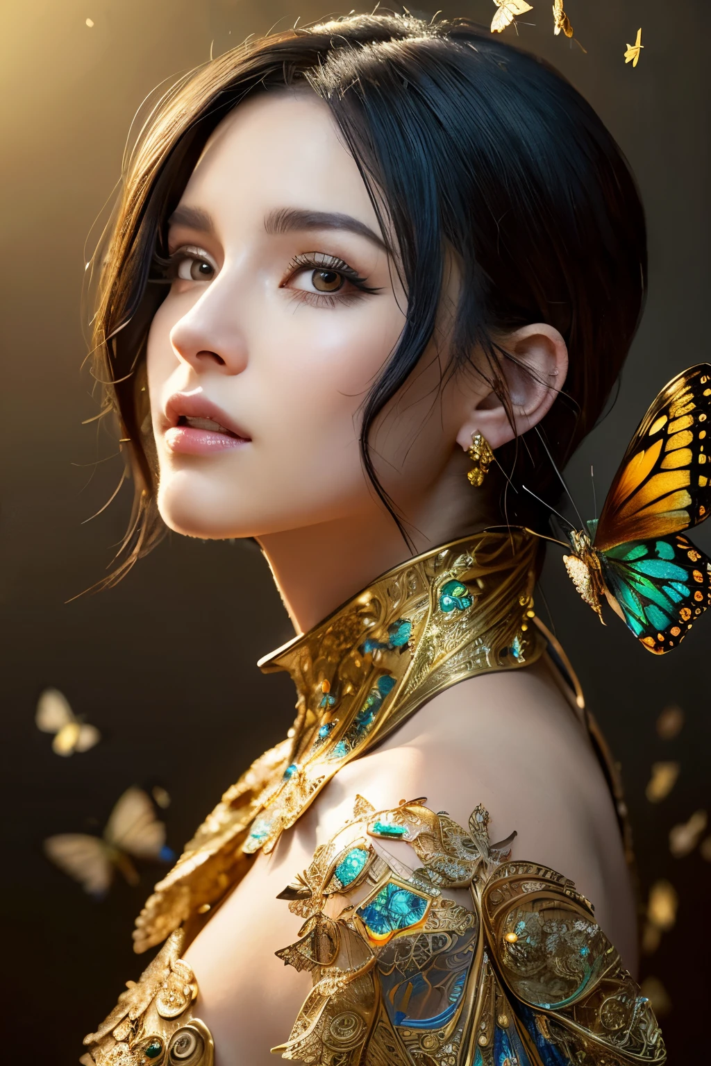 8k portrait of beautiful cyborg with black hair, intricate, elegant, highly detailed, majestic, digital photography, art by artgerm and ruan jia and greg rutkowski surreal painting gold butterfly filigree, broken glass, (masterpiece, sidelighting, finely detailed beautiful eyes: 1.2), hdr,
