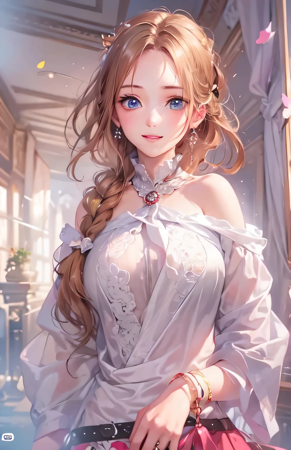 masterpiece、highest quality、High resolution、High-quality images、8k, 1 female、Skin Radiance、Texture of skin and clothing、Expression of fine eyes、shiny light brown hair,Girl with long braided hair, Manga inspired by Lee Jong-suk, Trending on deviantart, realism, detailed manga style, Manga art style, Perfect Line Drawing, Beautiful line art, digital manga art girl, K-POPアイドル, one piece,Large Breasts,Beautiful light blue eyes, Lips become thicker, Gorgeous face with attention to detail, (Cute Smile), charm, Innocent, Side view, (Perfectly detailed face), (Beautiful Hands) Photorealistic images, Written boundary depth, Princess Hairstyles, Dog ears ，one piece , Romanticism ,