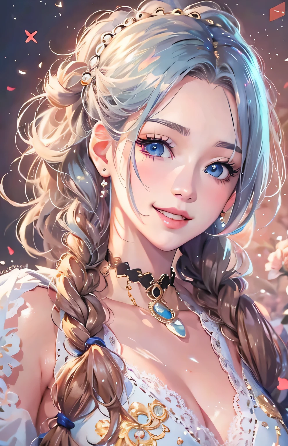 masterpiece、highest quality、High resolution、High-quality images、8k, 1 female、Skin Radiance、Texture of skin and clothing、Expression of fine eyes、shiny light brown hair,Girl with long braided hair, Manga inspired by Lee Jong-suk, Trending on deviantart, realism, detailed manga style, Manga art style, Perfect Line Drawing, Beautiful line art, digital manga art girl, K-POPアイドル, one piece,Large Breasts,Beautiful light blue eyes, Lips become thicker, Gorgeous face with attention to detail, (Cute Smile), charm, Innocent, Side view, (Perfectly detailed face), (Beautiful Hands) Photorealistic images, Written boundary depth, Princess Hairstyles, Dog ears ,one piece , Romanticism ,
