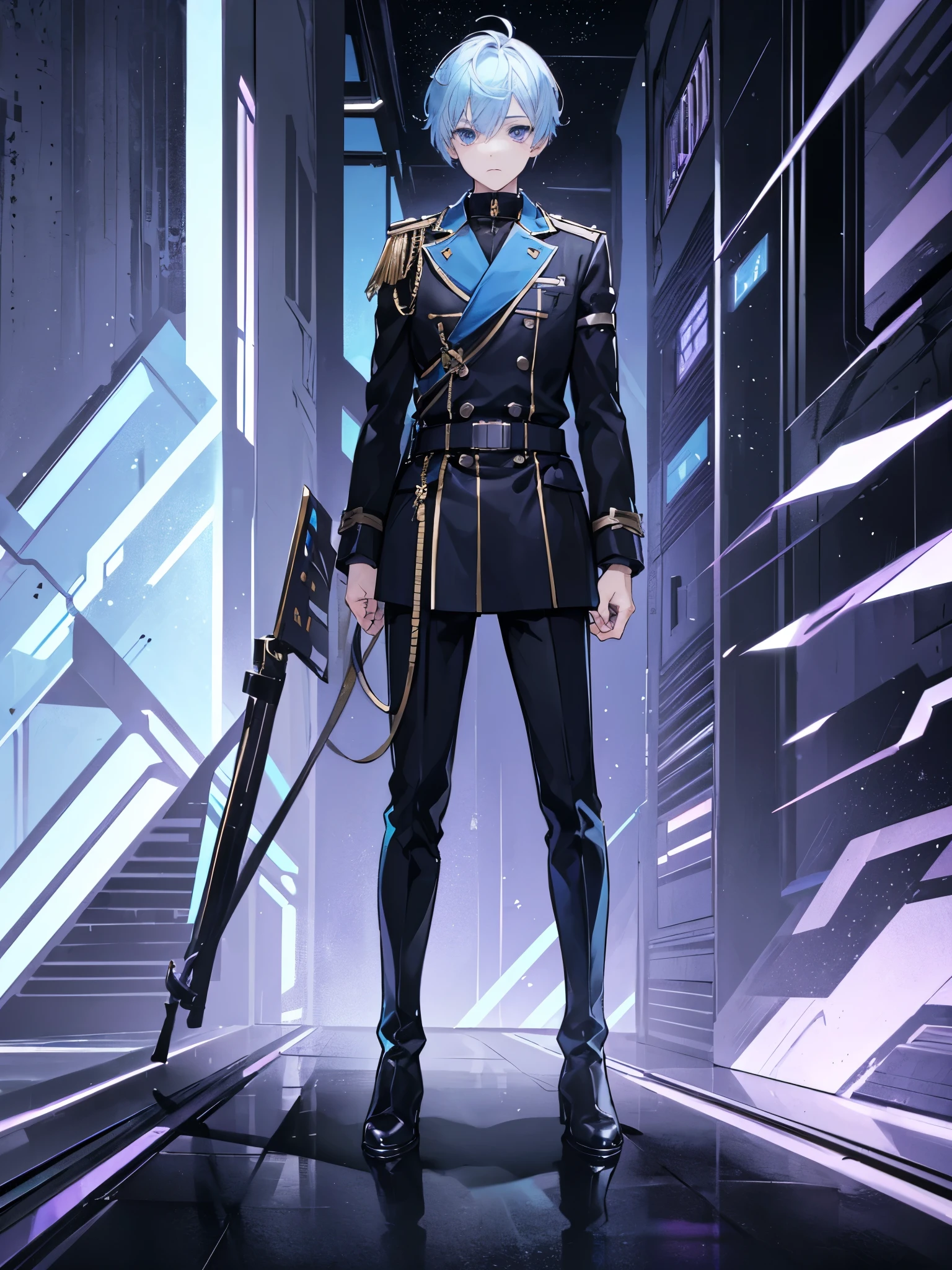 ((Full body)), (a boy), Male Characters, ((individual)), ((light blue hair)), ((lilac eyes)), ((short hair)), ((Armed shoulder strap)), ((Military belt)), ((long boots)), ((black jacket))