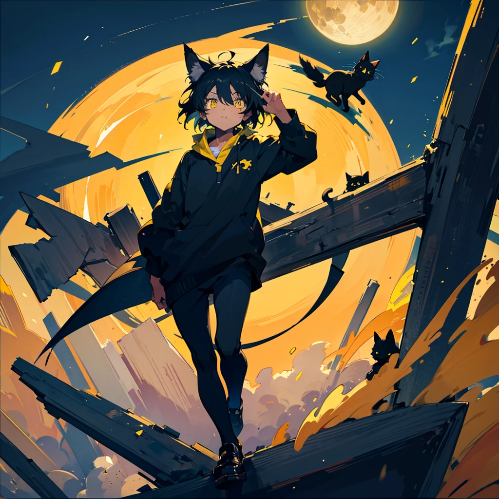 cute black cat with geen yellow eyes  the Name " RUFUS " is written in the sky