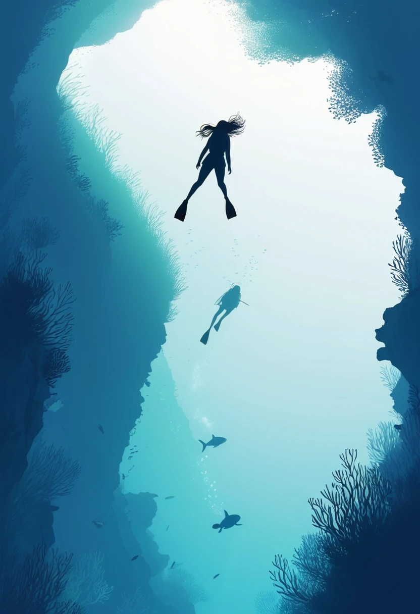 a Minimalist journey，diving，1girl，Minimalism，Under the Sea，illustration