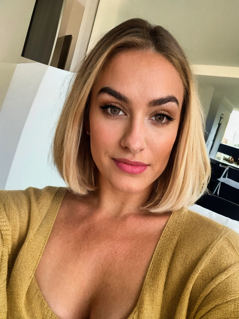 photograph, photo of beautiful woman, selfie, upper body, solo, wearing pullover, cheerful, blonde hair, bob haircut, full lips, perfect eyebrows, looking at viewer, taking a selfie, skin texture, close up, effortlessly chic, UHD, brown eyes, cleavage