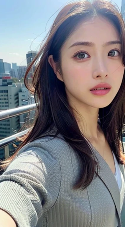 (table top:1.3), High resolution, super detailed, Highly detailed CG Unity 8K wallpaper, realistic, Photoreal, Raw photo, beautiful and detailed face, pale skin, realistic glowing skin, fine cloth texture, detailed hair texture, perfect body, beautiful face, beautiful row of teeth, Accurate, anatomically correct, Highly detailed face and skin texture, natural neck length, (beautiful hands), (Fair skin:1.2), thin legs, thin legs, (Satomi Ishihara)、(((Glittering big lips))) , fine eyes, symmetrical eyes, light brown eyes, double eyelid, thin eyebrows, (glossy lips:1.4), ((worried face:1.4)), (blush:1.1), (very cute girl:1.3), (Wear a button-up shirt, slit skirt, Wearing a blazer:1.2), medium breasts:0.5, cleavage:0.125, (firm chest, well-shaped chest, slender body shape:1.1), toned abdominal muscles, (dark brown hair, wavy hair, medium long hair:1.2), ((flowing bangs:1.2)), ((Stand in a selfie pose:1.3)), ((Tokyo cityscape, At noon:1.3)), (Upper body is shown:1.2), looking at the viewer, From above,