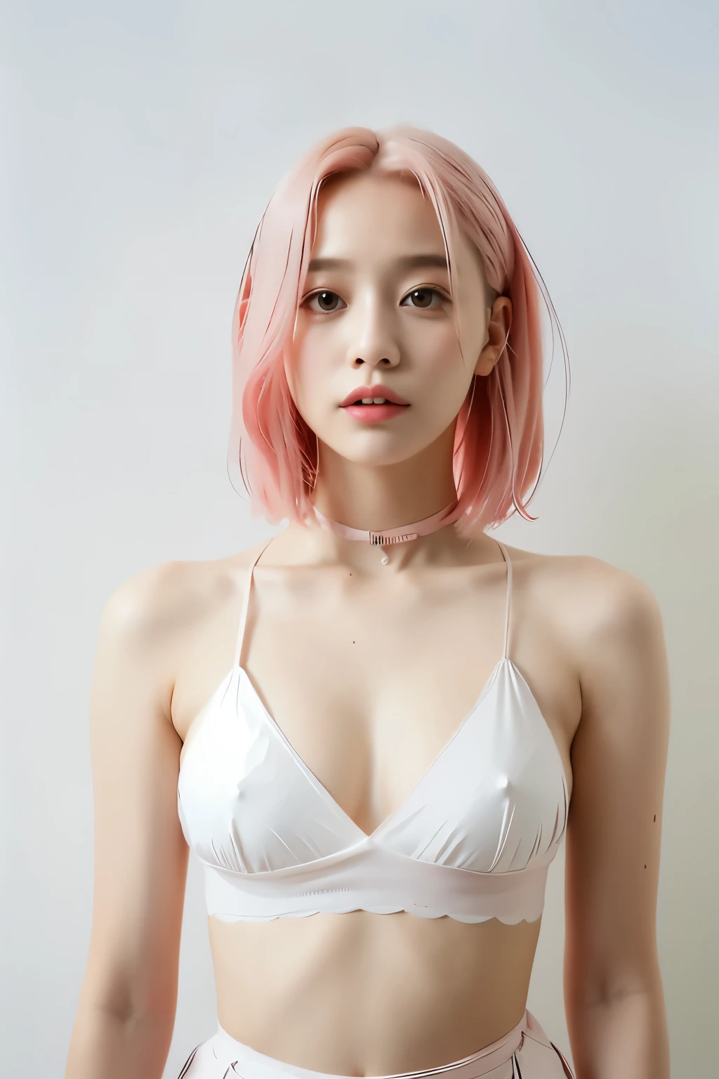 arafed woman with pink hair and a choker posing for a picture, pink hair, with pink hair, light pink hair, pink body harness, pink wispy hair, flowing pink hair, dyed hair, colored hair, pastel hair, pink vibe, bright hair, pink body, pink girl, pink halter top, bubblegum hair, long pink hair, short pink hair, medium size , white low-key transparent top, nipple pressing, dominant brown eyes, dsll camera, textured skin