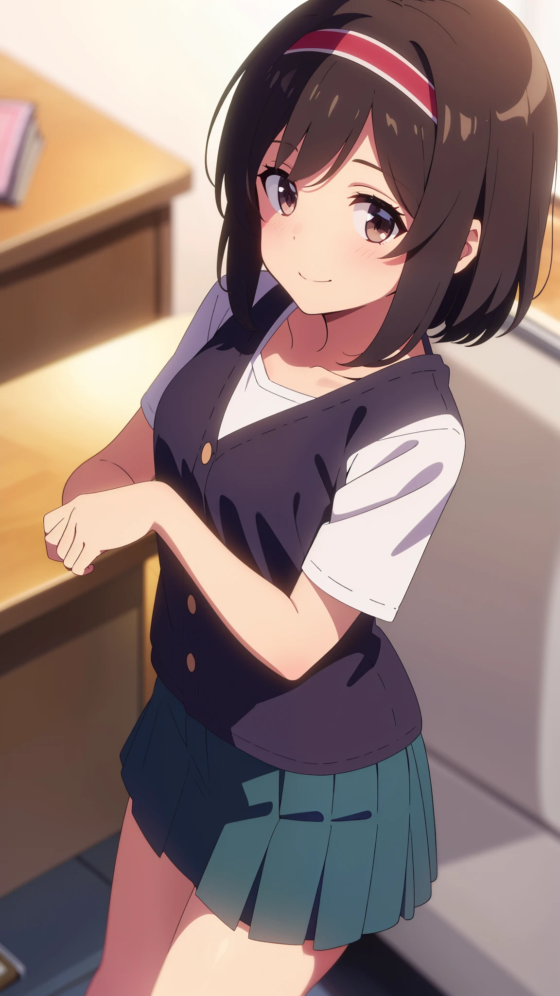 shinkai makoto, kimi no na wa., 1girl, miyamizu_mitsuha, bangs, black hair, blush, bright eyes, brown eyes, red headband, hibiscus ornament in hair, red ribbon, short hair, smile, cute, beautiful, shiny skin, looking at the viewer, solo, happy, blue shirt, collarbone, short sleeves, skirt, pantyhose, white background, modelling