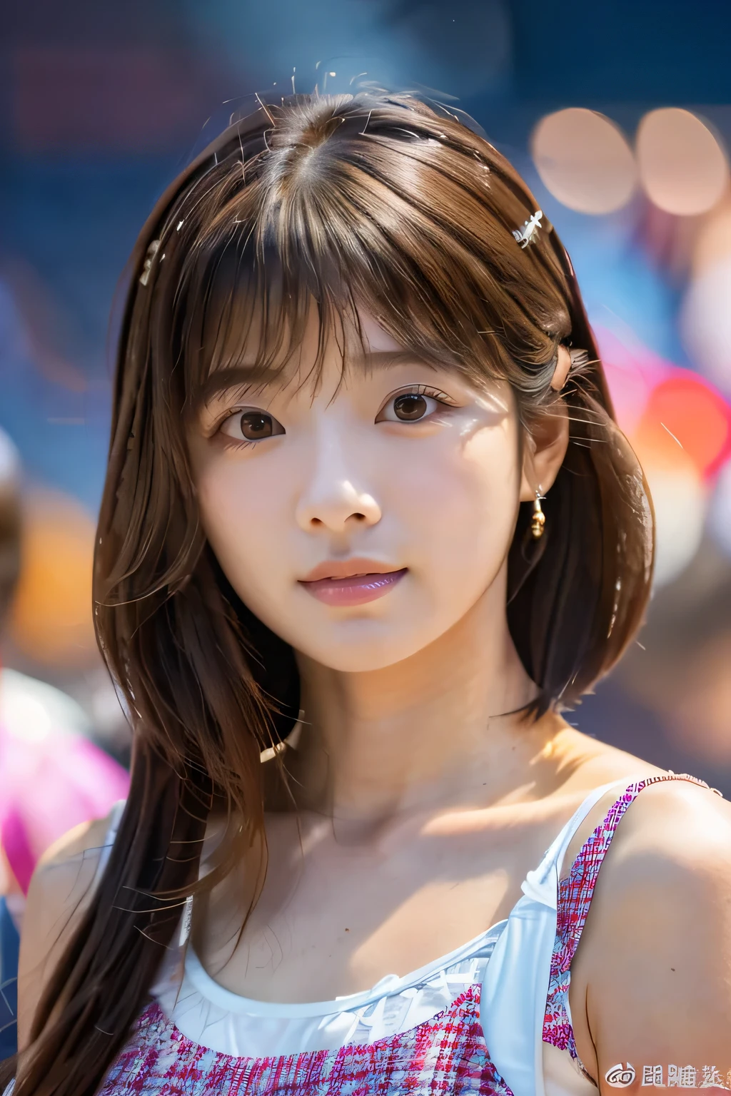 highest quality, Photorealistic, Very detailed, finely, High resolution, 8K Wallpaper, Professional, High level of detail, (Standing on stage at a concert venue with a large audience:1.5)、(18 year old idol girl:1.5)、Slender Japanese women,cute lips, (Long eyelashes:1.2)、Detailed clavicle, Mid-chest、Perfect Face, (Cute short bob hair:1.5), Chestnut Hair、Cute face、perfect body style、(The camera is a long shot showing the subject from head to toe:1.5)、(A large crowd is watching her:1.5)