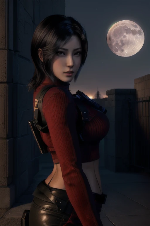 arafed woman holding a gun outside with a full moon, 8k portrait render, glamorous jill valentine, deayami kojima, game cg, yayoi kasuma, rendered in sfm, portrait of tifa lockhart, hints of yayoi kasuma, perfect dark, photorealistic shot, video game render, faye valentine, female lead character