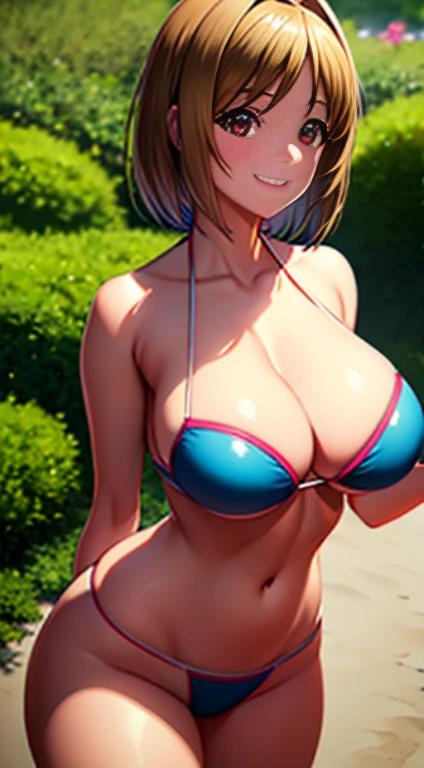cute girl, big sized breasts, cute girl. happy girl, thigh legs, smiling, shiny skin, busty girl, short blonde hair, hair over shoulder, brown eyes, beach bikini and penty, perfect curvy shaped body, ultra realistic squinting sexy eyes , beach bikini and penty , big breasts. standing, thigh legs, red eyes, ultra realistic detailed shiny brown eyes, beautiful and perfect face, sunlight and garden background, black hair, bright red eyes