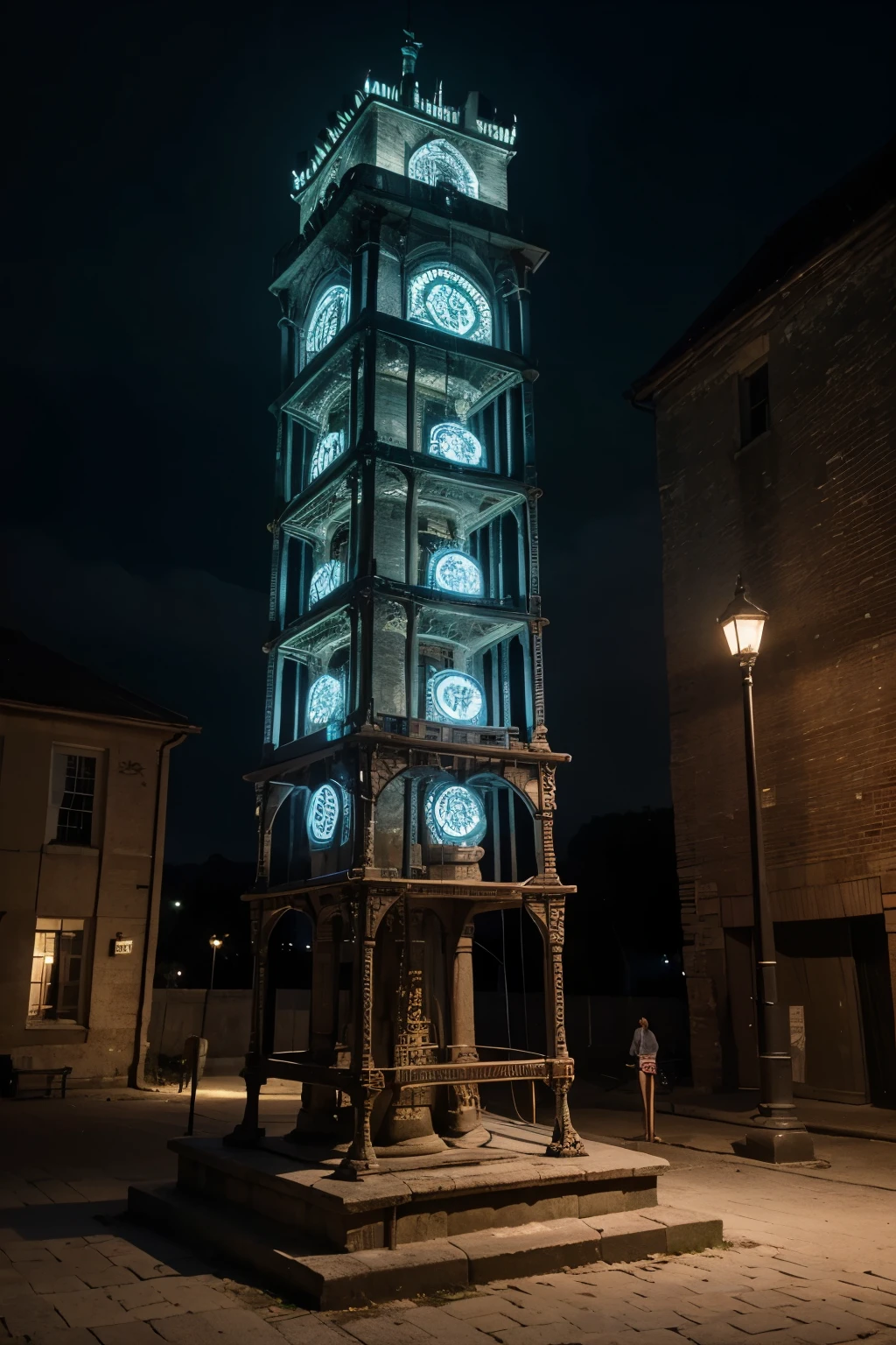 ((Best quality)), ((masterpiece)), (detailed),  (realism), square tower, divided into 3 parts, each part is connected to the previous one through chains, the base is secured to the ground with chains, between the parts of the tower there is a blue glow of magic.