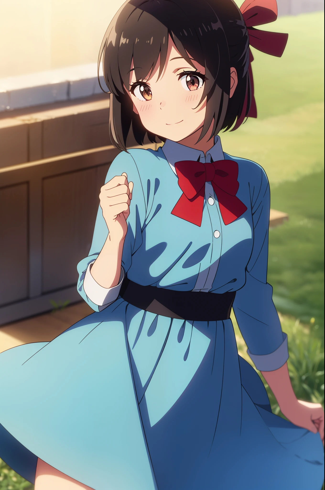 shinkai makoto, kimi no na wa., 1girl, miyamizu_mitsuha, bangs, black hair, short hair, shinny hair, ornament in hair, blush, round eyes, bright eyes, brown eyes, red headband, red bow, red ribbon, smile, cute, beautiful, shiny skin, looking at the viewer, solo, cute girl, chemise dress, hibiscus ornament in hair, flower background