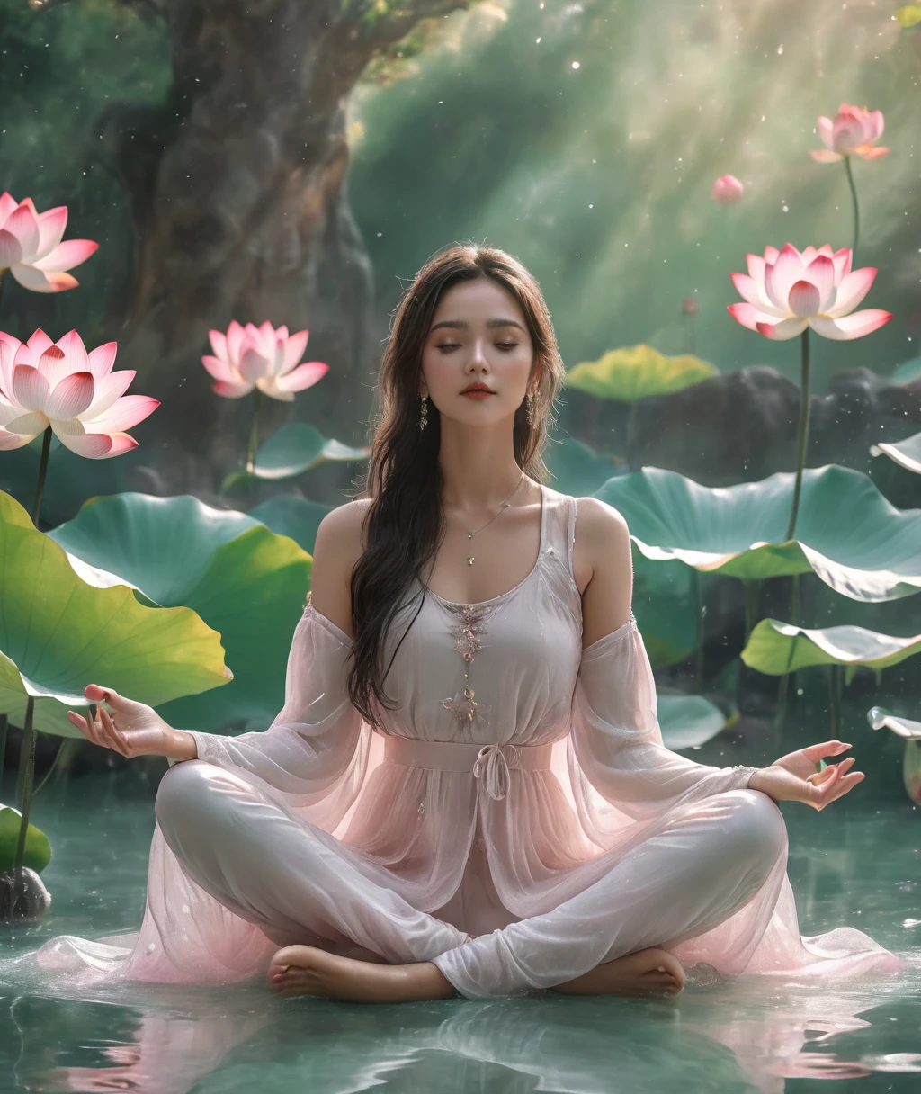 lotus pose girl,fullbody Photography,Xill,jade,(best quality,4k,8k,highres,masterpiece:1.2),ultra-detailed,(realistic,photorealistic,photo-realistic:1.37),professional,portraits,vivid colors,bokeh,bright sunlight,exquisite makeup,expressive eyes,floating petals,serene atmosphere,long flowing hair,graceful posture,detailed clothing,peaceful background