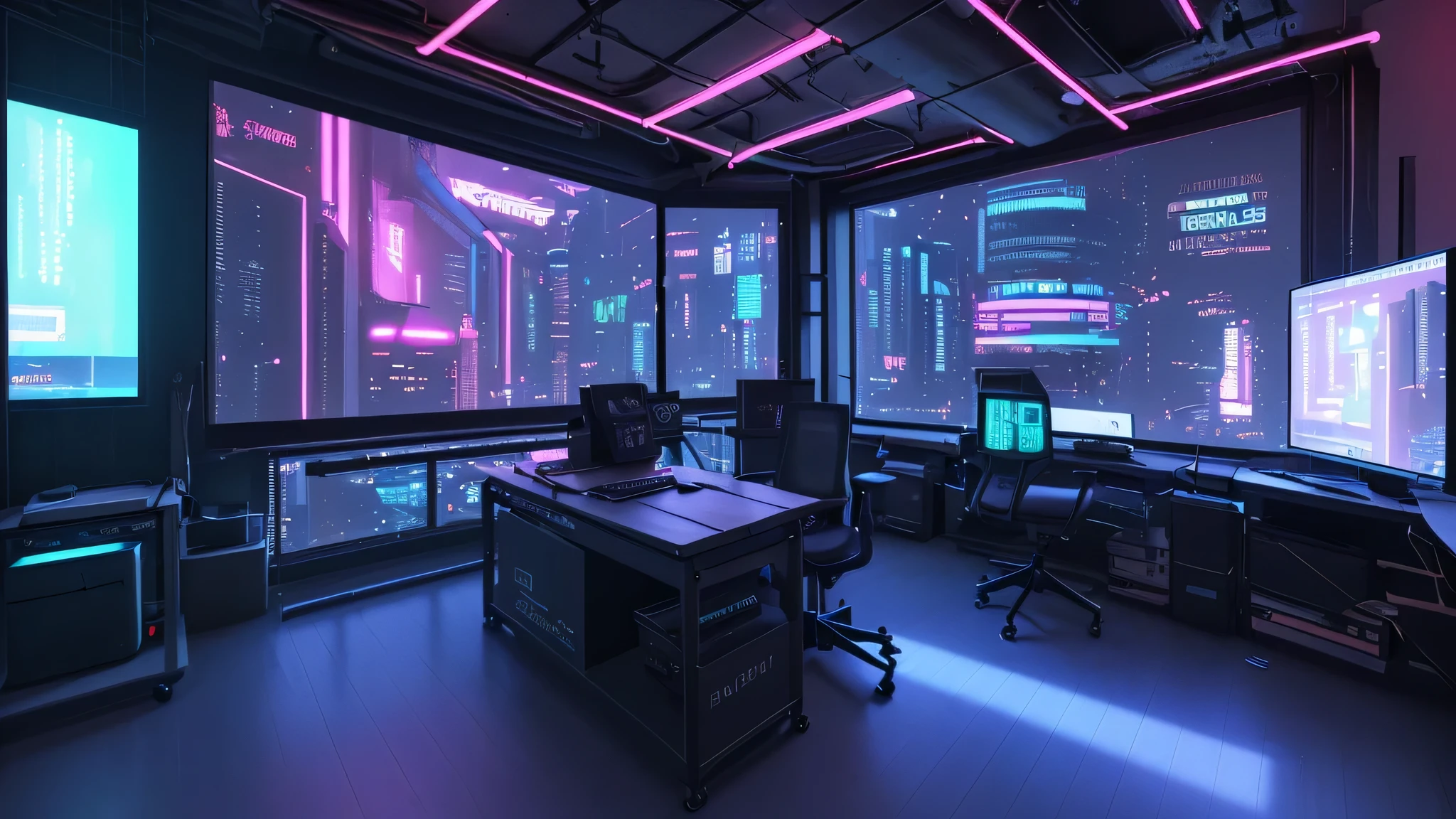 Realistic neon studio setup in the room，Cyberpunk Background，Front view，There is a big window behind，There is also a desk.。Do not show tasks and chairs。