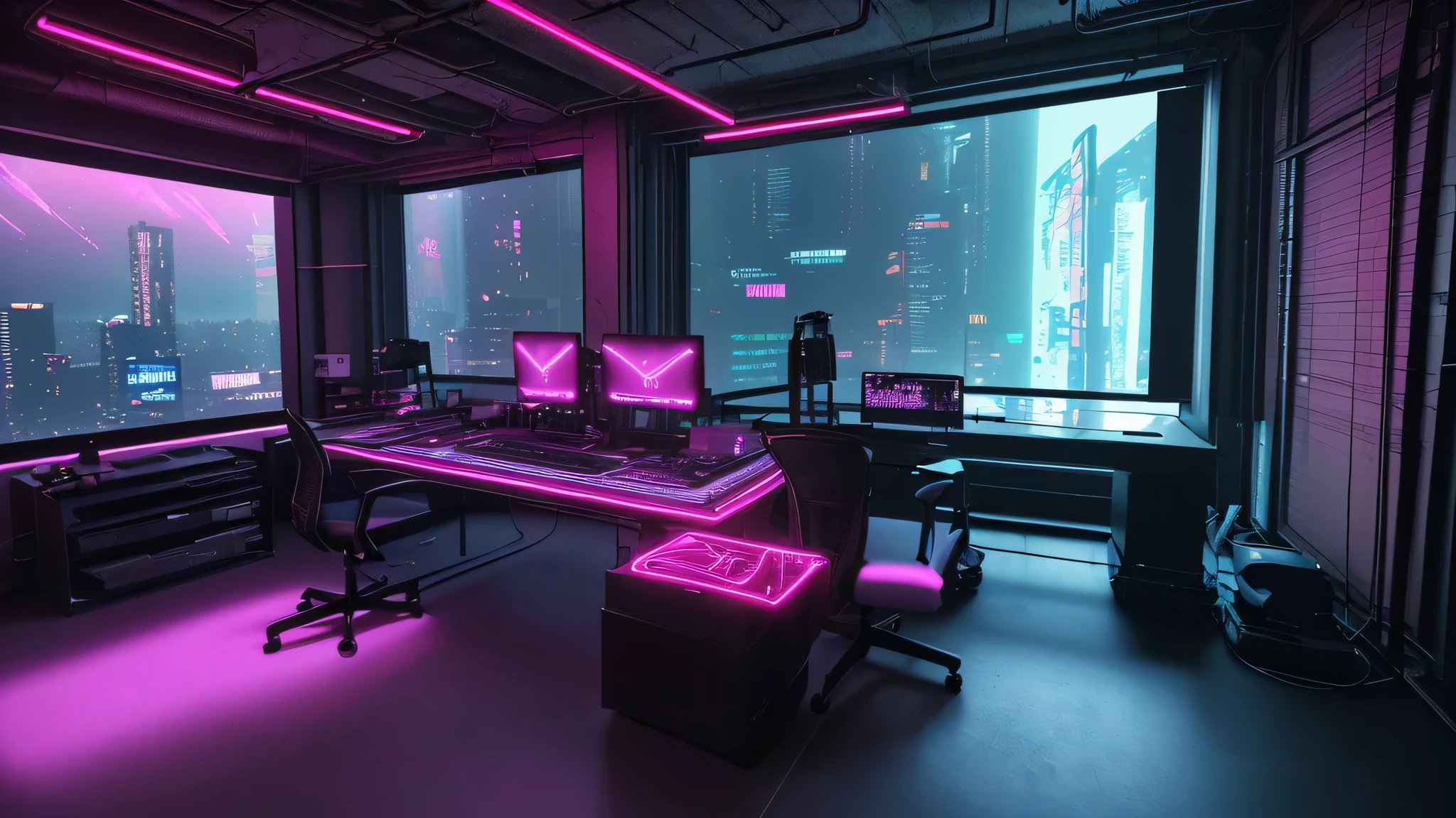 Realistic neon studio setup in the room，Cyberpunk Background，Front view，There is a big window behind，There is also a desk.。Do not show tasks and chairs。