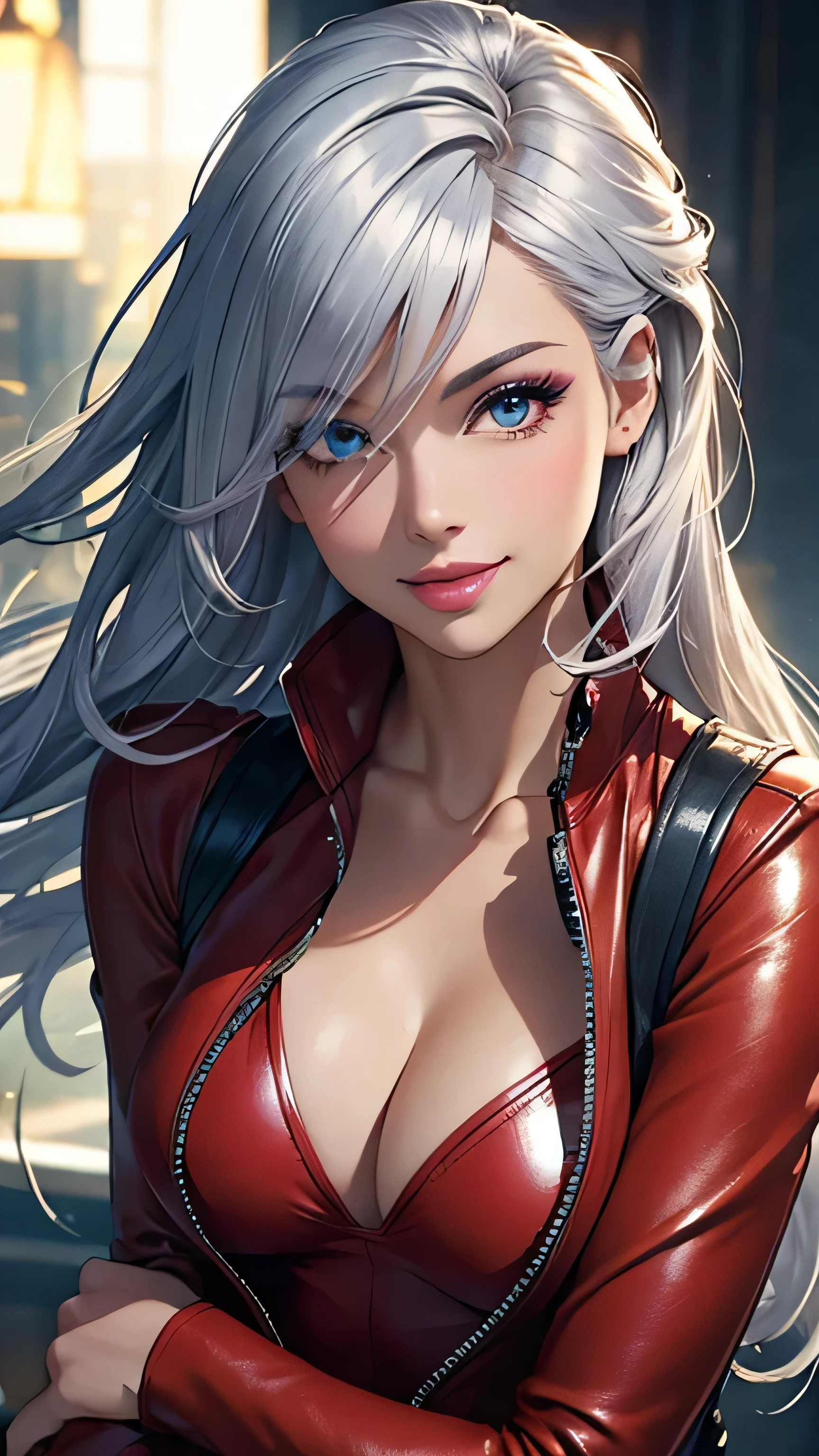 (best quality,ultra-detailed,photo-realistic:1.37),bright and vibrant colors,studio lighting,playful expression,stylish makeup, Red Leather Vest, Silver hair flowing in the wind,alluring eyes,glossy lips,sexy pose, smiling in a confident and seductive way,posing for a professional photoshoot,shallow depth of field,highlighting the main subject,soft natural lighting,creating a dreamy and magical atmosphere.