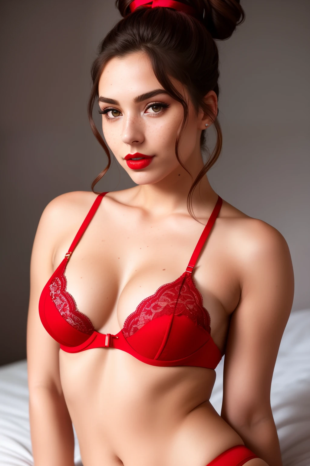 photoshoot of beautiful woman hair , double bun, freckles, moles, skin textures,  posing in soft bed, full red lips, (masterpiece) (best quality) (detailed) (8k) (HDR) (wallpaper) (cinematic lighting) (sharp focus) (intricate) beautiful little bra