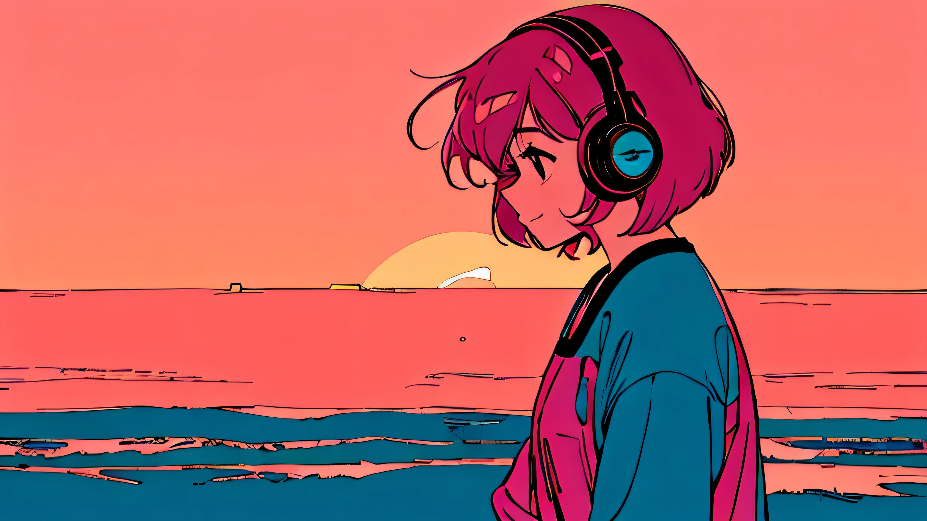 master piece, City Pop style, Pink Hair, fluffy bob cut, wearing headphones, shoulder length, alone, Futuristic, yet, lofi, light smile, (( wide shot)), (( The person is on the left )), (( looking away )), ((Playing guitar on sunset beach))
