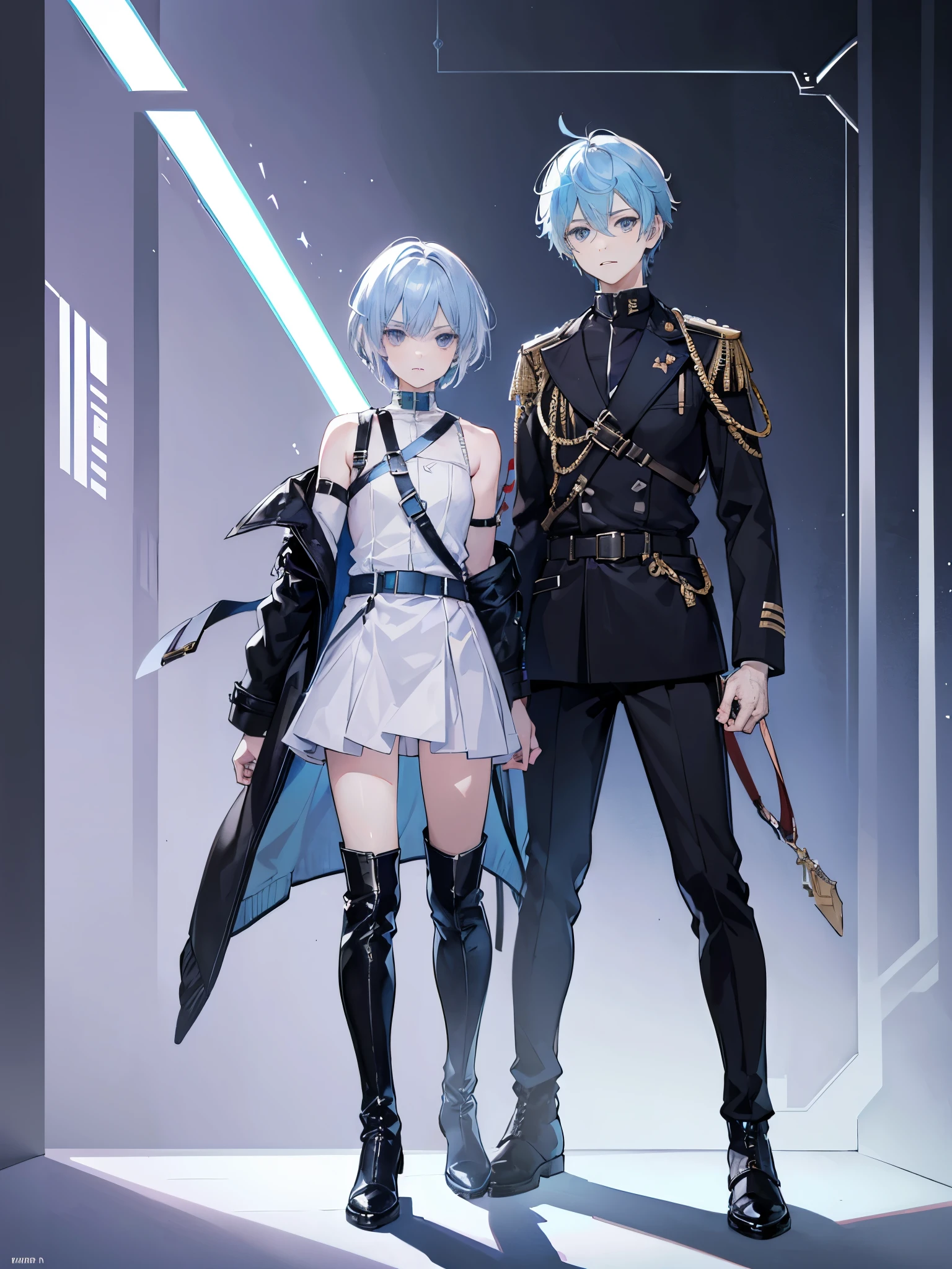((Full body)), (a boy), Male Characters, ((individual)), ((light blue hair)), ((lilac eyes)), ((short hair)), ((Armed shoulder strap)), ((Military belt)), ((long boots)), ((black jacket))