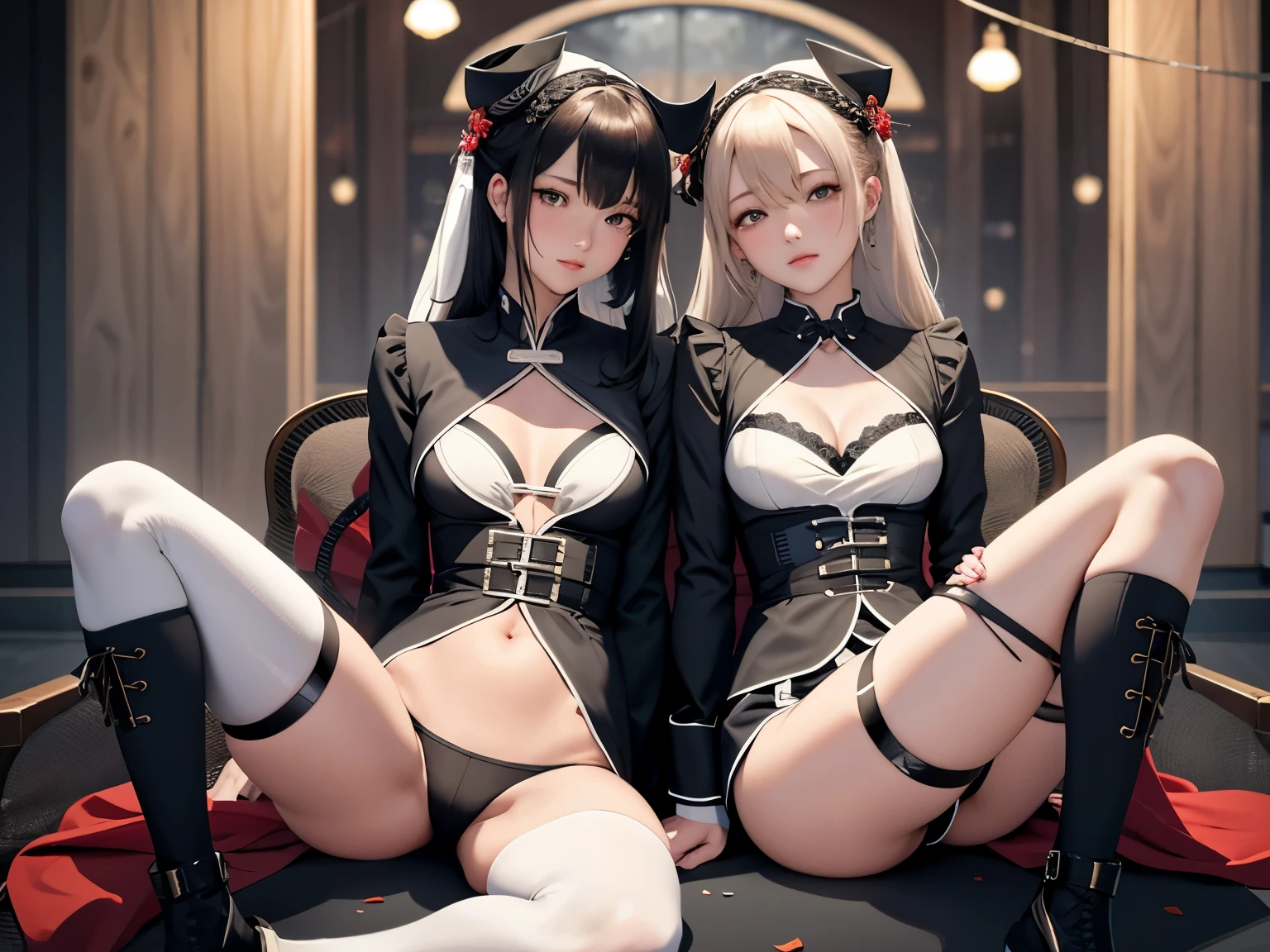 两个女孩下半身collision,Medium breasts、collision, Thighs tied together, Thigh connection,,One girl's genitals were pressed against the other girl's genitals, Entanglement,