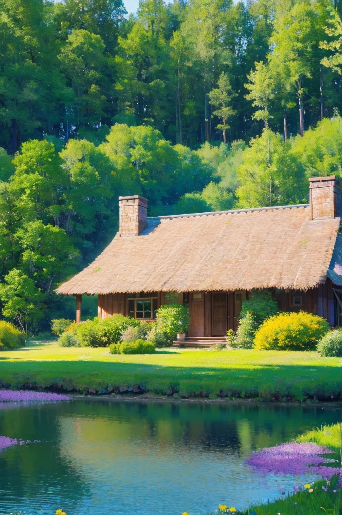 a beautiful house in the forest next to the lake with flowers