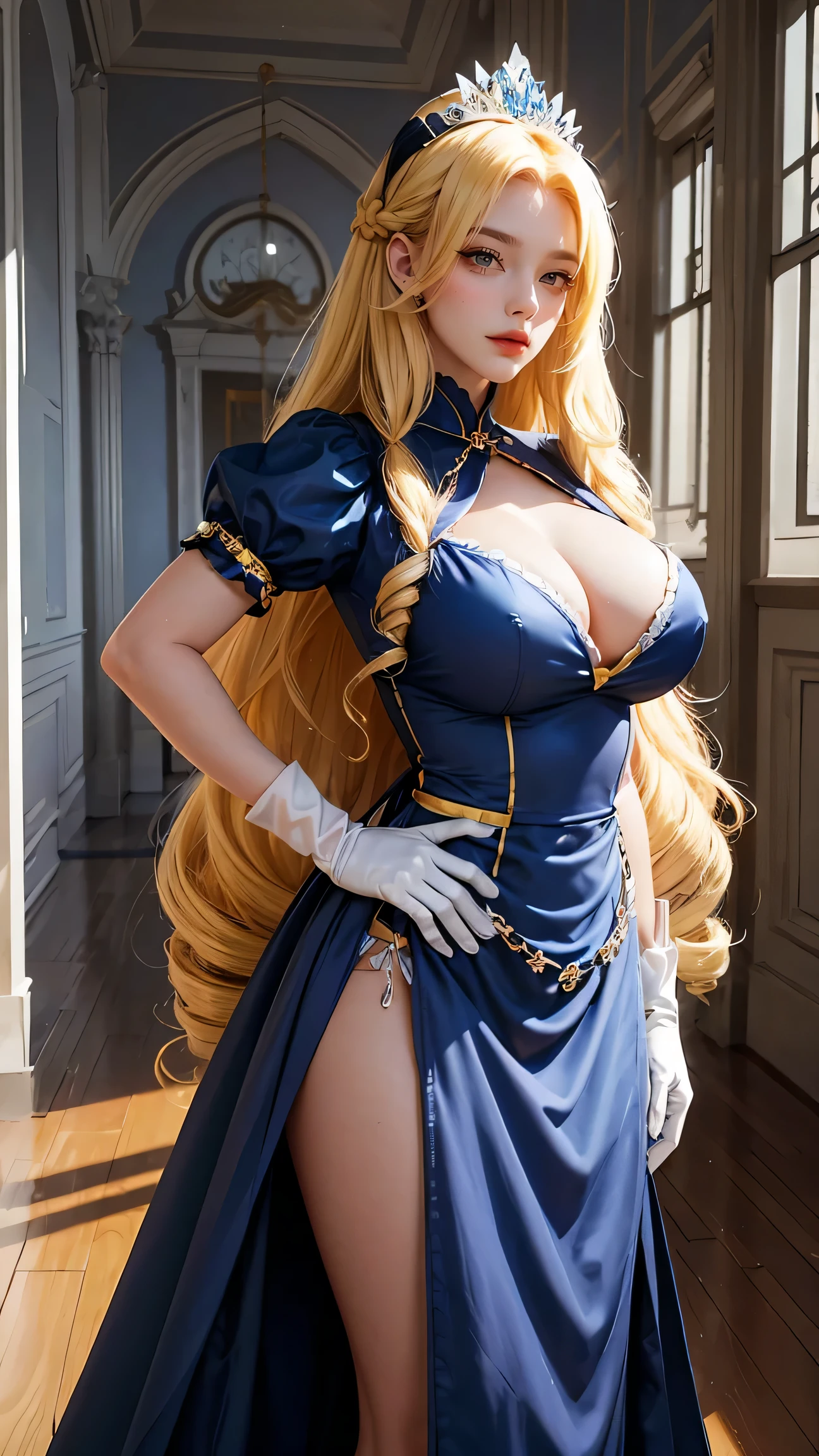 a woman in maid uniform, stoking, gloves, 1girl, drill hair, long hair, blonde hair, gradient hair, yellow eyes, solo, huge breasts, big hair, blue hair, tiara, divine goddess, looking at viewer, indoors, royal palace, sexy pose, dynamic pose, astraea