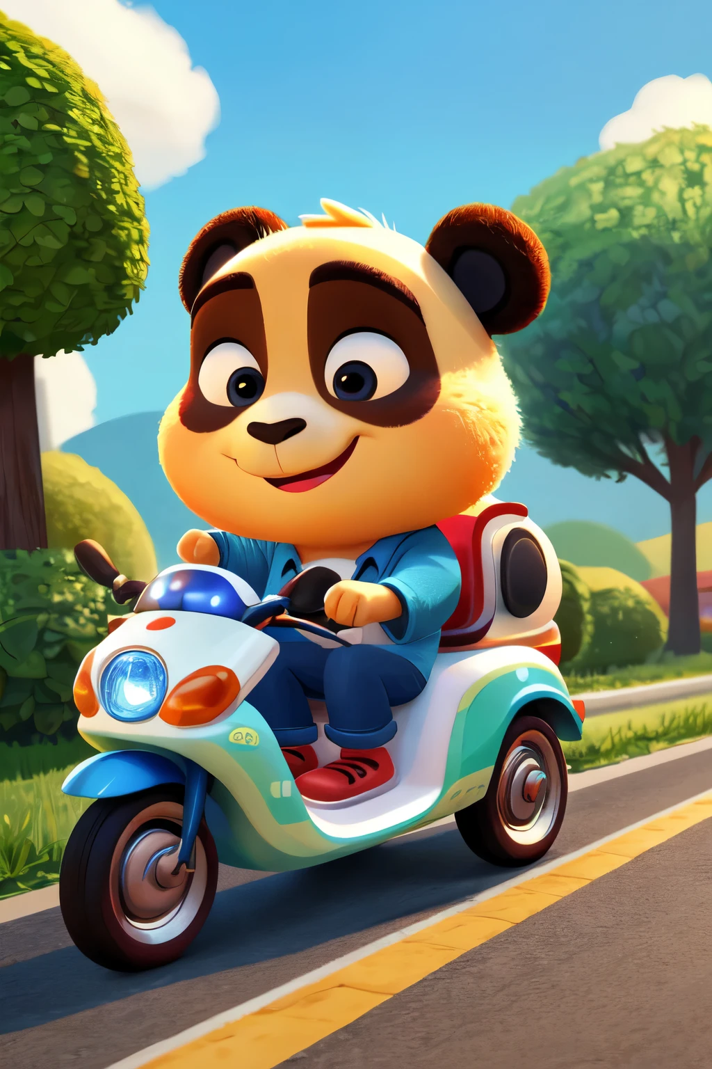 Panda baby delivery man,Ride an electric car to deliver food,Pixar style,3D Cartoon,((best quality)), ((masterpiece)), (detailed), Perfect face