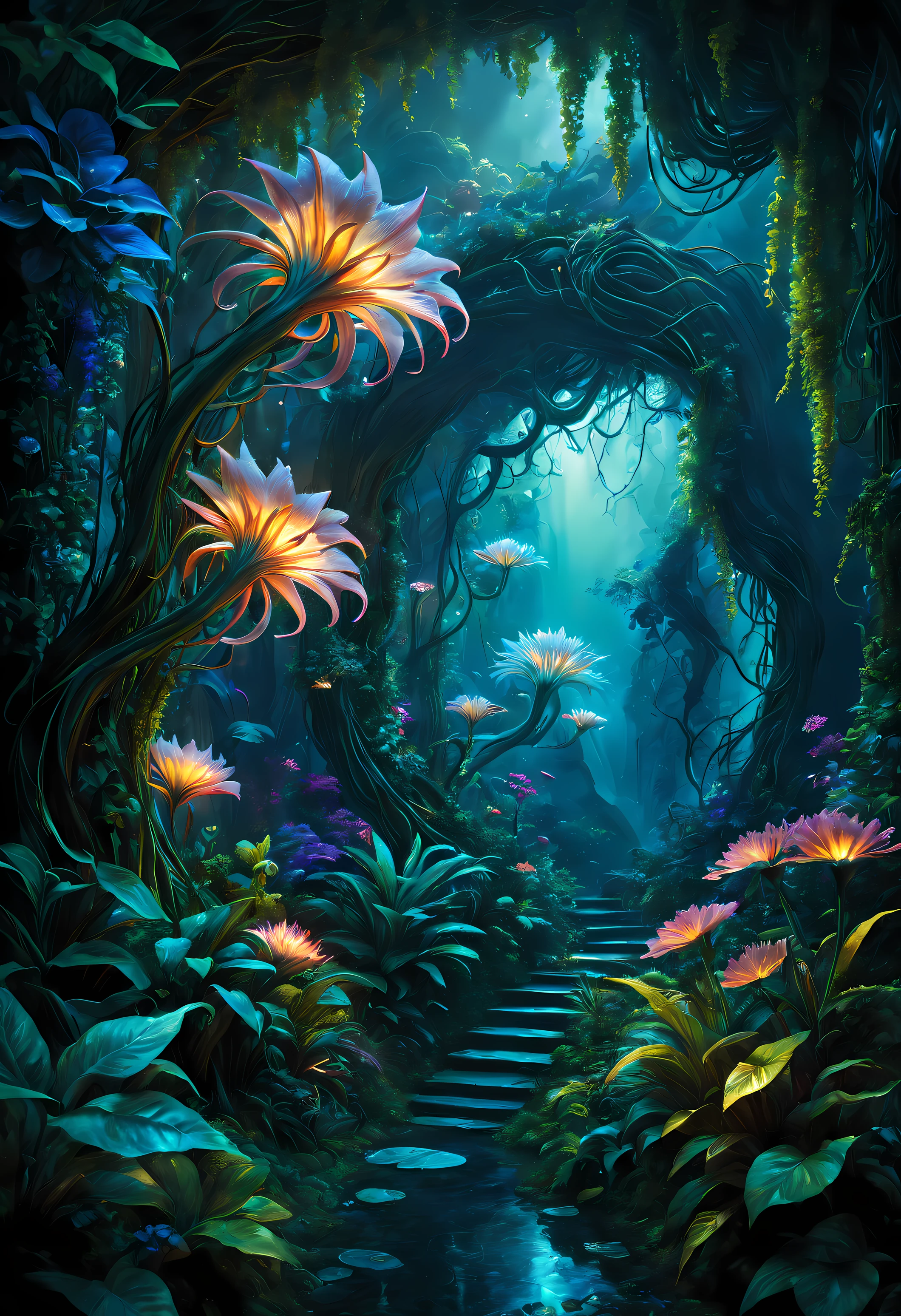 (Best quality at best,4K,8K,A high resolution,tmasterpiece:1.2),ultra - detailed,(actual,photoactual,photo-actual:1.37),bright colorful lights,vivd colour,plant dream,Magical alien plants,Ethereal atmosphere,Otherworldly,an alien landscape,Alien vegetation,alien flora,unusual plant life,exotic display,Nourished by cosmic energy,Phosphorescence,Glowing petals,Crystal leaves,bioluminescent tendrils,Surreal and energetic,rich saturation,organic shapes,Translucent flowers,Fantastic fantasy,enchanted surroundings,lush growth,rich foliage,Twisted vines,Glittering leaves,unusual texture,curved form,aromatic smell,Otherworldly beautiful,Mysterious temptation,mythological nature,enchantedgarden,hidden sanctuary,peaceful tranquility,in harmony with nature.