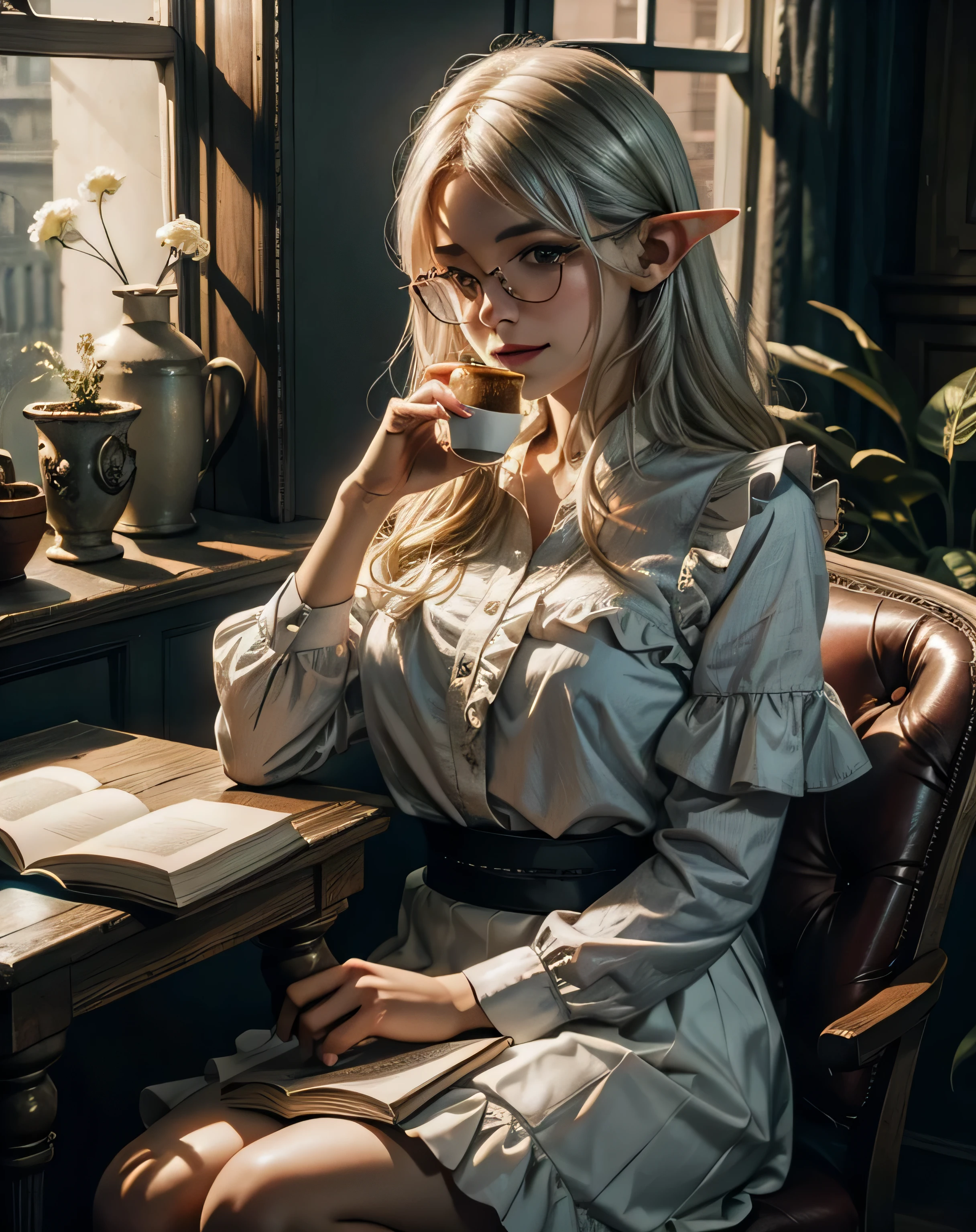 cute angelic face, (()), 1 female elf, smile, ((sitting beside window)), (sipping tea), (open books on table), (waist length silver hair), (eyeglasses), wearing ((white ruffle blouse)) and ((black skirt)), (medium breast), blue eyes, (soft backlighting), realistic, masterpiece, highest quality, lens flare, shade, bloom, [[chromatic aberration]], by Jeremy Lipking, by Antonio J. Manzanedo, digital painting, UHD