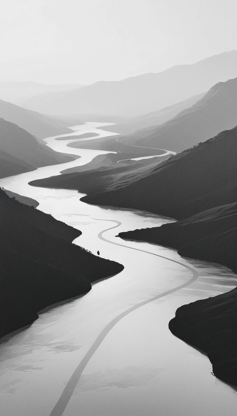 minimalist journey, black and white sketch, serene landscape, subtle lines and curves, minimalist style, peaceful atmosphere, gentle slopes, flowing river, distant mountains, soft lighting, balanced composition, simple elements, clean aesthetic, smooth textures, delicate details, monochrome tones, minimalistic approach, understated elegance, tranquil ambiance, harmonious design.
