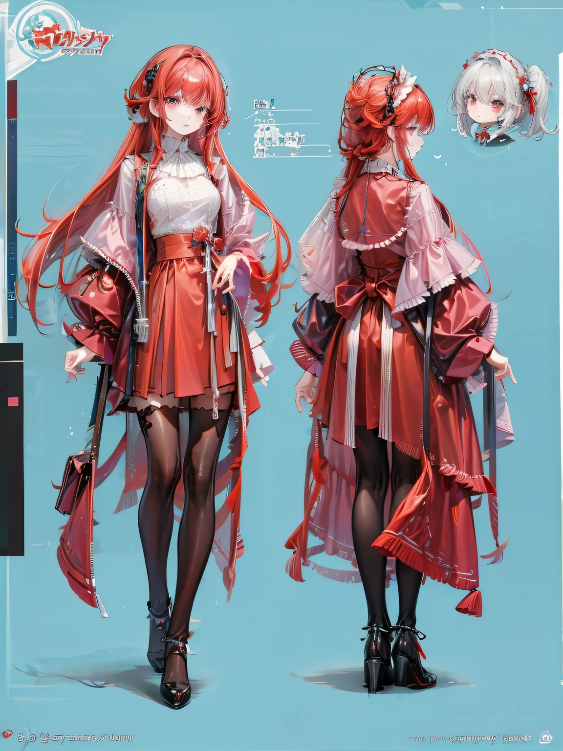Reference sheet, character sheet, design outfit, red, cute, ta, red hair,