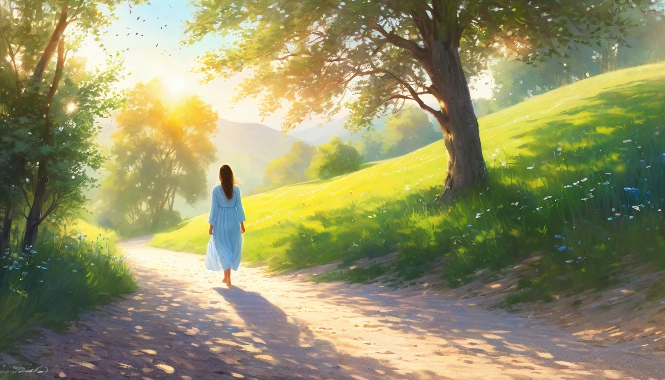 A minimalist journey,best quality,highres,(realistic:1.37),HDR,ultra-fine painting,studio lighting,portraits,soft pastel colors,subtle shadows,a girl in a garden,serene atmosphere,peaceful setting,sunlit path,gentle breeze,delicate flowers,barefoot wanderer,flowing dress,taking small steps,light footsteps on gravel,path leading to a distant horizon,birds singing in the trees,warm sunlight filtering through the leaves,rays of light creating a magical atmosphere,serene expression on her face,tranquility in her eyes,blissful smile,feeling of contentment and peace,visualization of inner peace and calmness,distance mountains in the background,rolling hills in the distance,blue sky with scattered clouds,soft pastel colors,simple and clean composition,emphasis on simplicity and minimalism,minimalistic lines and shapes,intimate connection with nature,a sense of harmony and balance,blend of natural and human elements,invitation to explore the beauty of simplicity and tranquility,temporary escape from the busy world,discovery of inner self and reflection,uncluttered mind and serene soul.