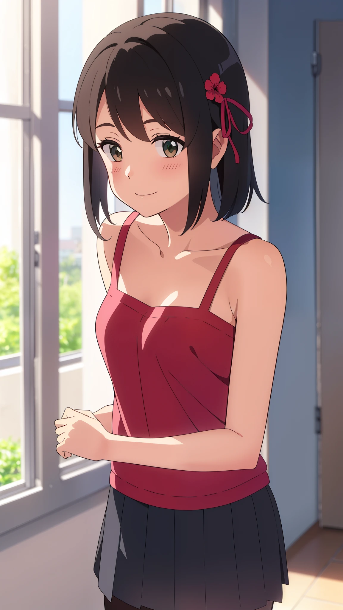 shinkai makoto, kimi no na wa., 1girl, miyamizu_mitsuha, bangs, black hair, blush, bright eyes, brown eyes, red headband, hibiscus ornament in hair, red ribbon, short hair, smile, cute, beautiful, shiny skin, looking at the viewer, solo, happy, green shirt, collarbone, bare shoulder, skirt, pantyhose, love background, modelling