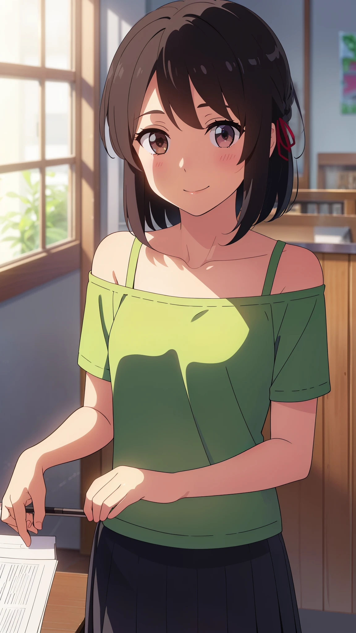 shinkai makoto, kimi no na wa., 1girl, miyamizu_mitsuha, bangs, black hair, blush, bright eyes, brown eyes, red headband, hibiscus ornament in hair, red ribbon, short hair, smile, cute, beautiful, shiny skin, looking at the viewer, solo, ​happy, green shirt, collarbone, bare shoulder, skirt, pantyhose, love background, modelling