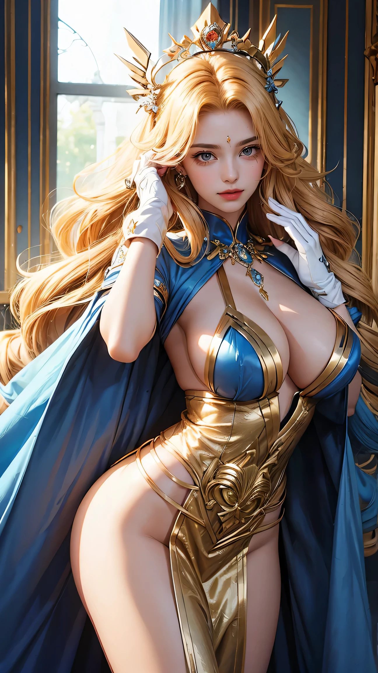 a woman in goddess outfit, stoking, gloves, 1girl, drill hair, long hair, blonde hair, gradient hair, yellow eyes, solo, huge breasts, big hair, blue hair, hair ornament, jewelry, divine goddess, looking at viewer, indoors, royal palace, sexy pose, dynamic pose, astraea
