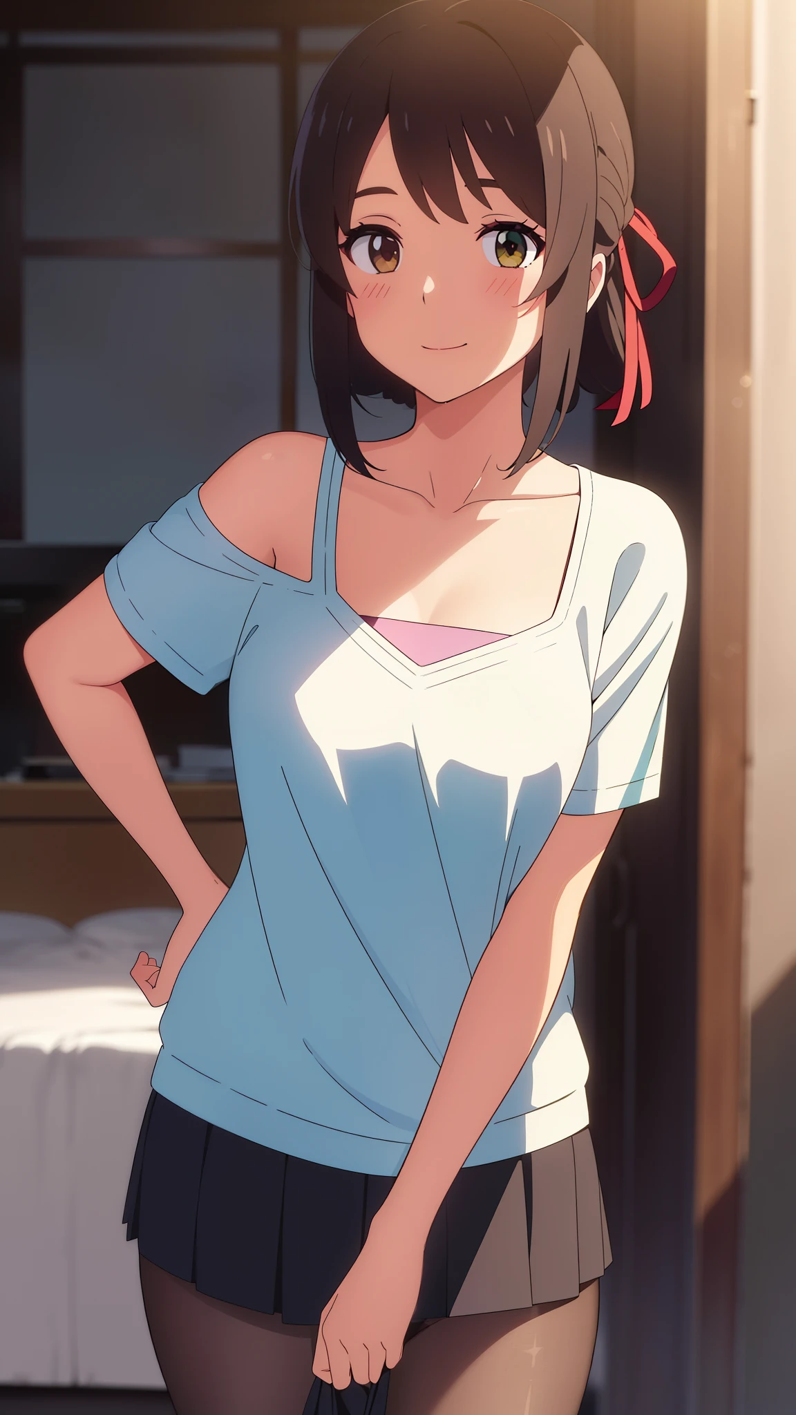 shinkai makoto, kimi no na wa., 1girl, miyamizu_mitsuha, bangs, black hair, blush, bright eyes, brown eyes, red headband, hibiscus ornament in hair, red ribbon, short hair, smile, cute, beautiful, shiny skin, looking at the viewer, solo, ​happy, green shirt, collarbone, bare shoulder, skirt, pantyhose, love background, modelling