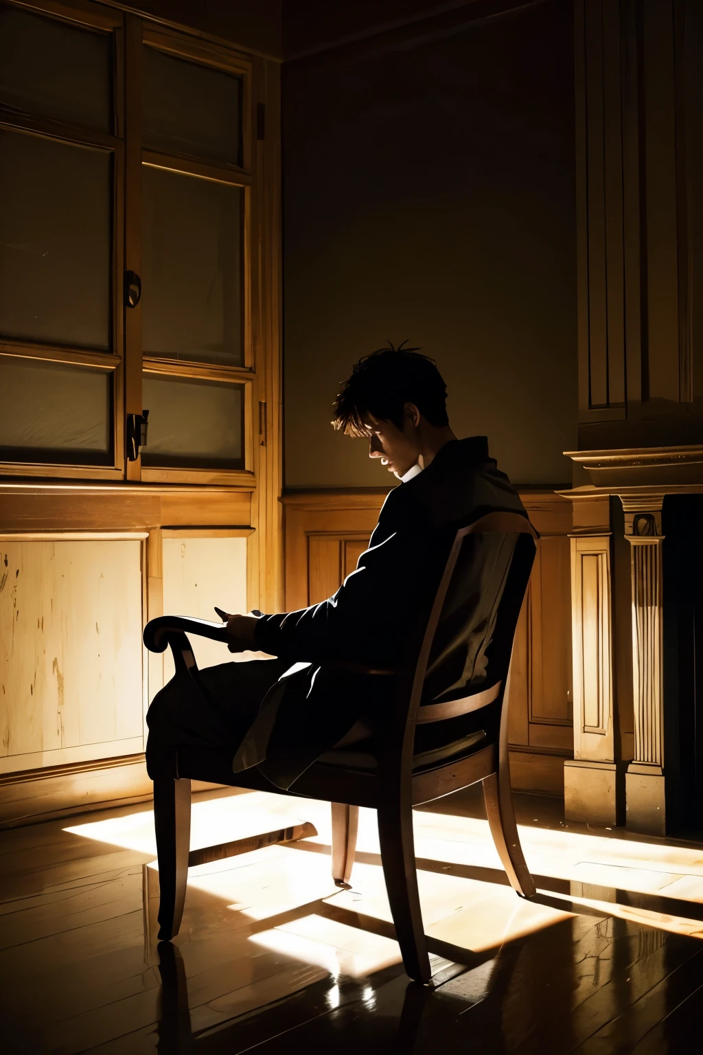 In a dimly lit room, a solitary figure occupies a weathered chair. The man's silhouette suggests a certain fragility, with slumped shoulders and gaunt features that hint at a battle with illness. Despite his frail appearance, there's an unmistakable strength in his gaze, a  determination that refuses to be extinguished by his physical condition. Lost in thought, he sits with a furrowed brow, deep in contemplation. His attire is simple yet worn, a reflection of the trials he's endured. Despite his weakened state, there's an aura of authority about him, a silent command that demands attention and respect.






