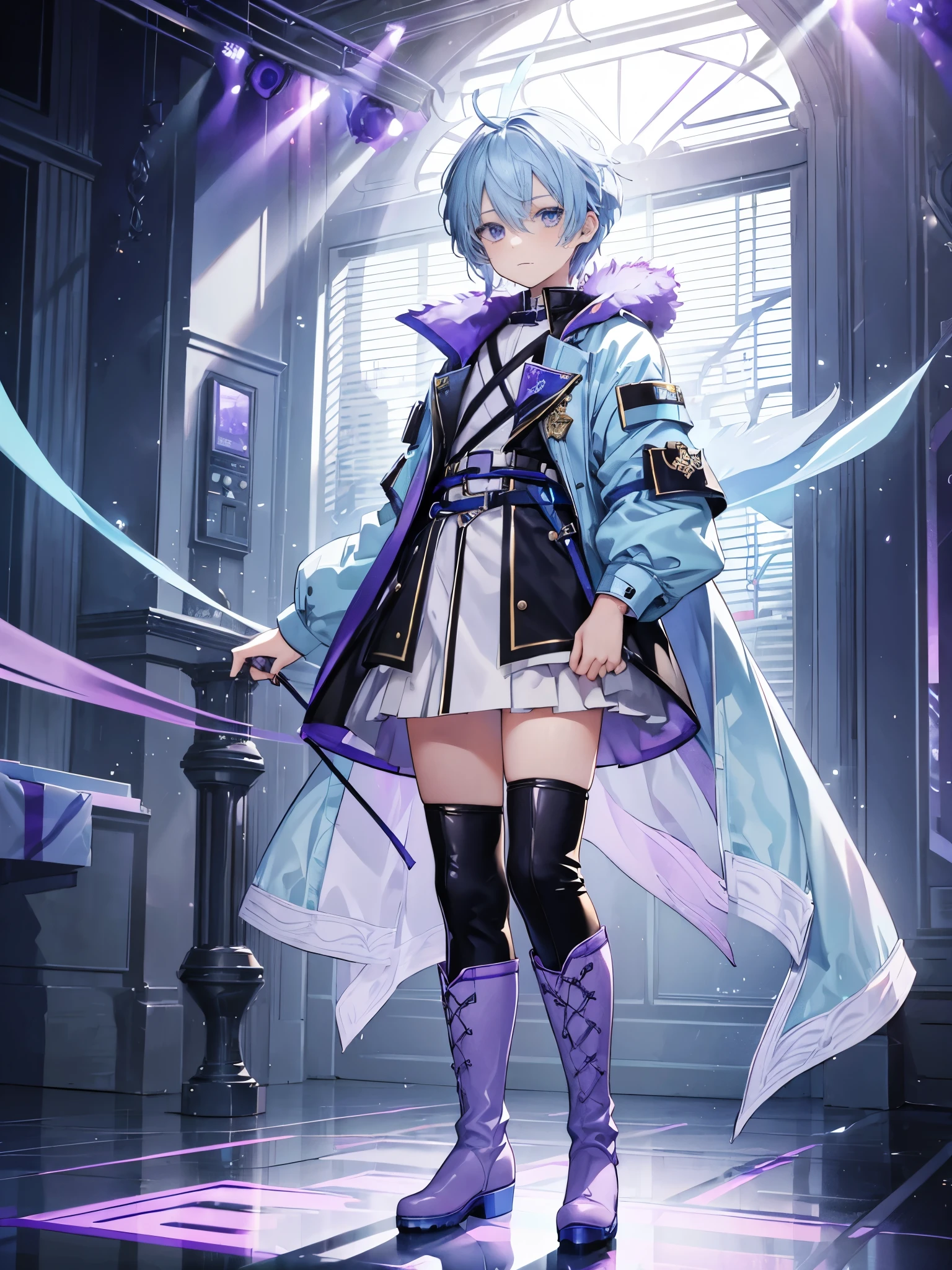 male, ((Light blue hair)), ((Lilac eyes)), ((idol costume)), ((long boots)), ((full body)), ((a boy)), short hair