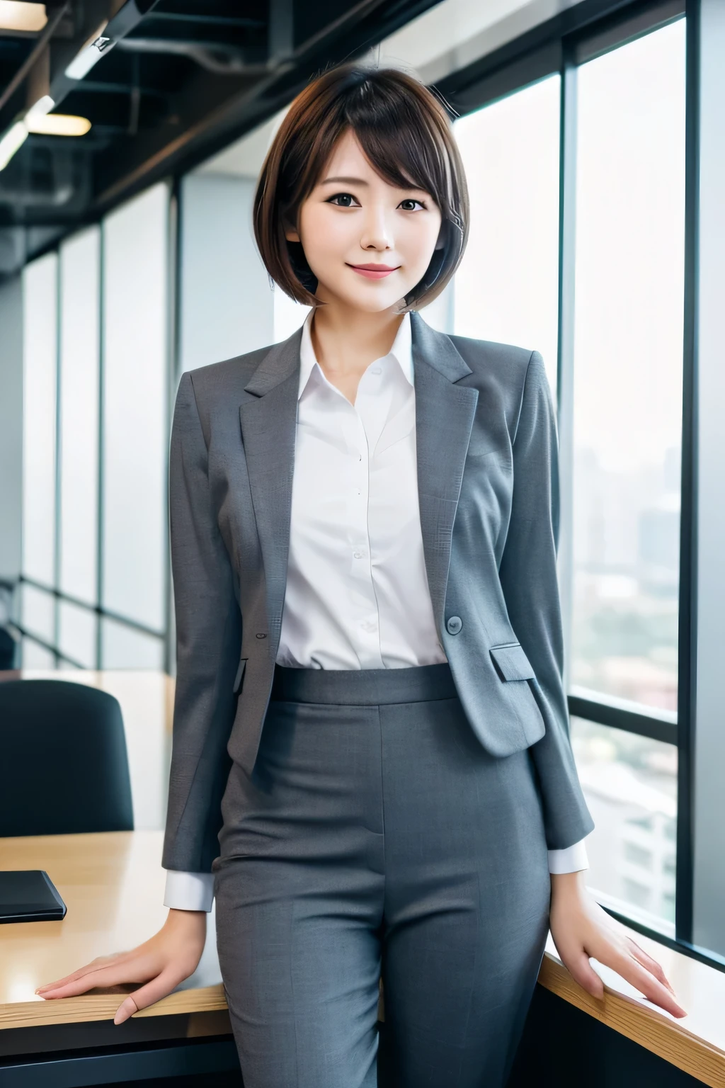 (highest quality, 8k, 32k, masterpiece, Ultra-high resolution: 1.2), Cute Japanese Women Photos, short hair, big, Tight suit, office lady, workplace background,Ikuru