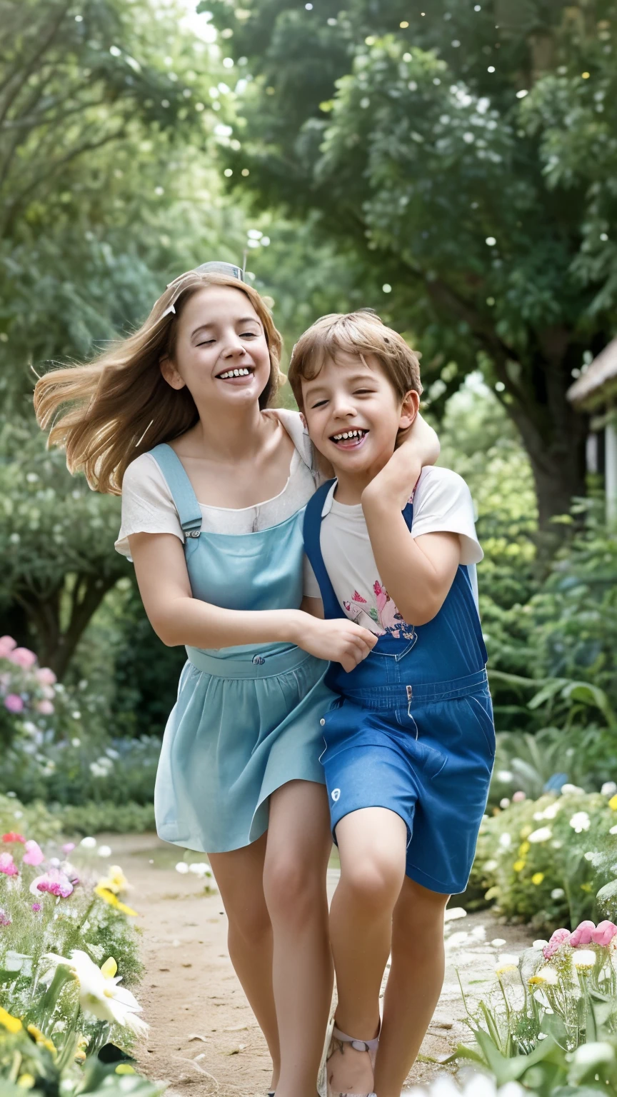 En la imagen, se pueden ver dos hermanitos, white skin and brown hair light eyes ,a 3 year old girl and a 1 year old boy, playing in a beautiful garden full of colorful flowers. The girl is wearing a pink dress and has blonde hair blowing in the wind, while the boy is wearing a blue dungarees and has an innocent smile on his face. They are laughing and running among the flowers, showing a clear connection and brotherly affection. Al fondo, You can see a lush forest with tall, green trees., creating a calm and welcoming environment for the little ones. El sol brilla en el cielo azul y algunas mariposas revolotean alrededor, adding a magical touch to the scene.