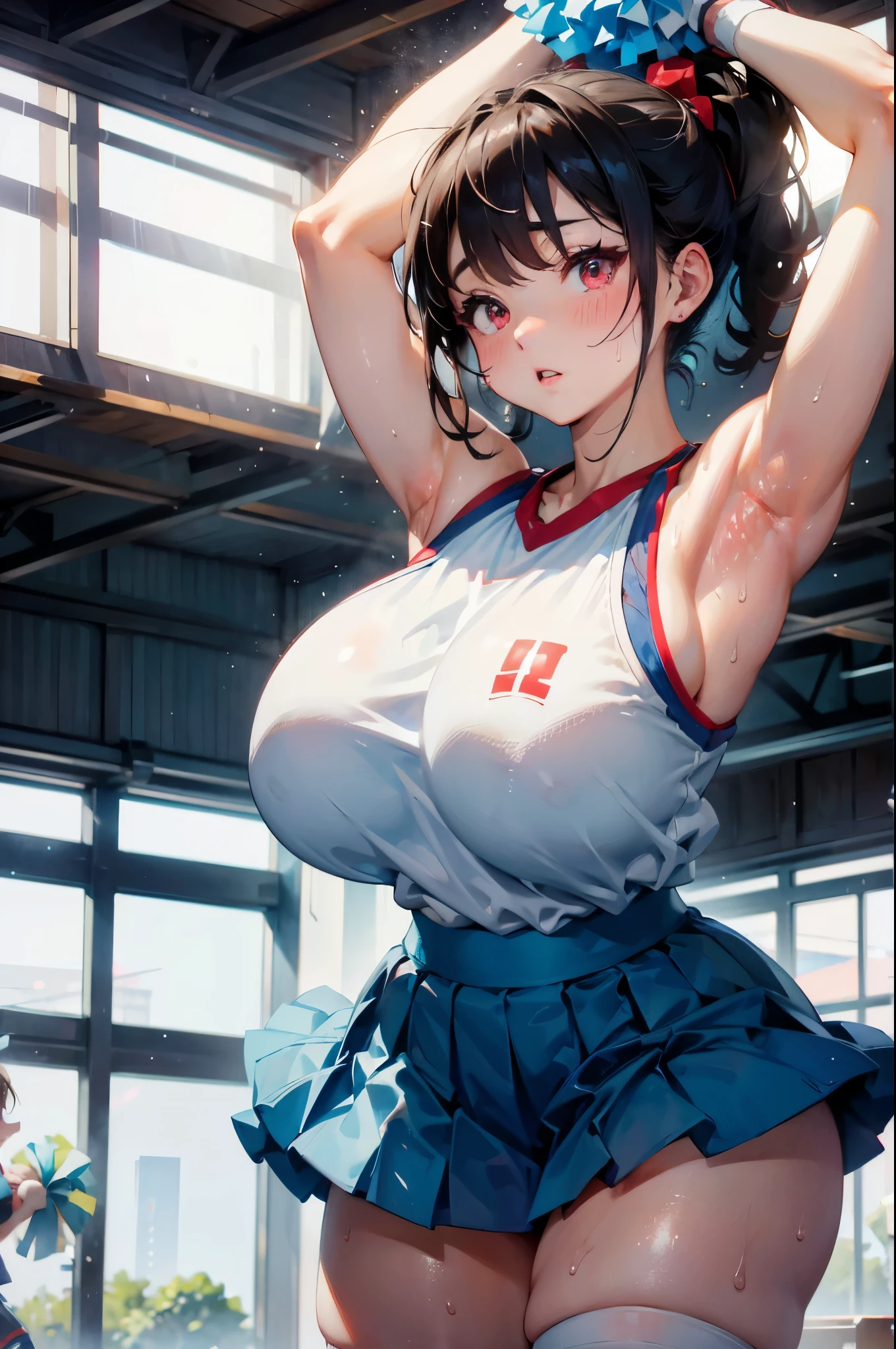 Gym, Axis,(Cheerleading、National Foundation), hot, sweat, Sweating all over,, ((Huge breasts)),(Thick thighs), sports、Light blue mini skirt、White knee socks、Red eyes、armpit、:morality、dynamic poses、Hold the pompom in both hands、Open your legs