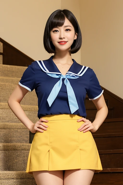 (best quality, masterpiece, photo-realistic:1.2), super detailed, 8K, ultra high resolution, RAW photo, absolute resolution, solo, 1girl, a 14yo girl wearing sailor suit, ((black hair, bowl cut hair)), BREAK, ((deep blue)) collar, BREAK, ((red)) neckerchief, BREAK, ((white)) uniform, short sleeves, BREAK, fablic texture ((deep blue)) mini-skirt, large breasts, detailed face, detailed eyes, small face compared to body, ((standing on the stairs, hands on hips)), BREAK, (futanari, penis_under_skirt, small penis wearing Scrunchie, glossy red glans), (knee shot, from below), daytime, outdoors, smile,