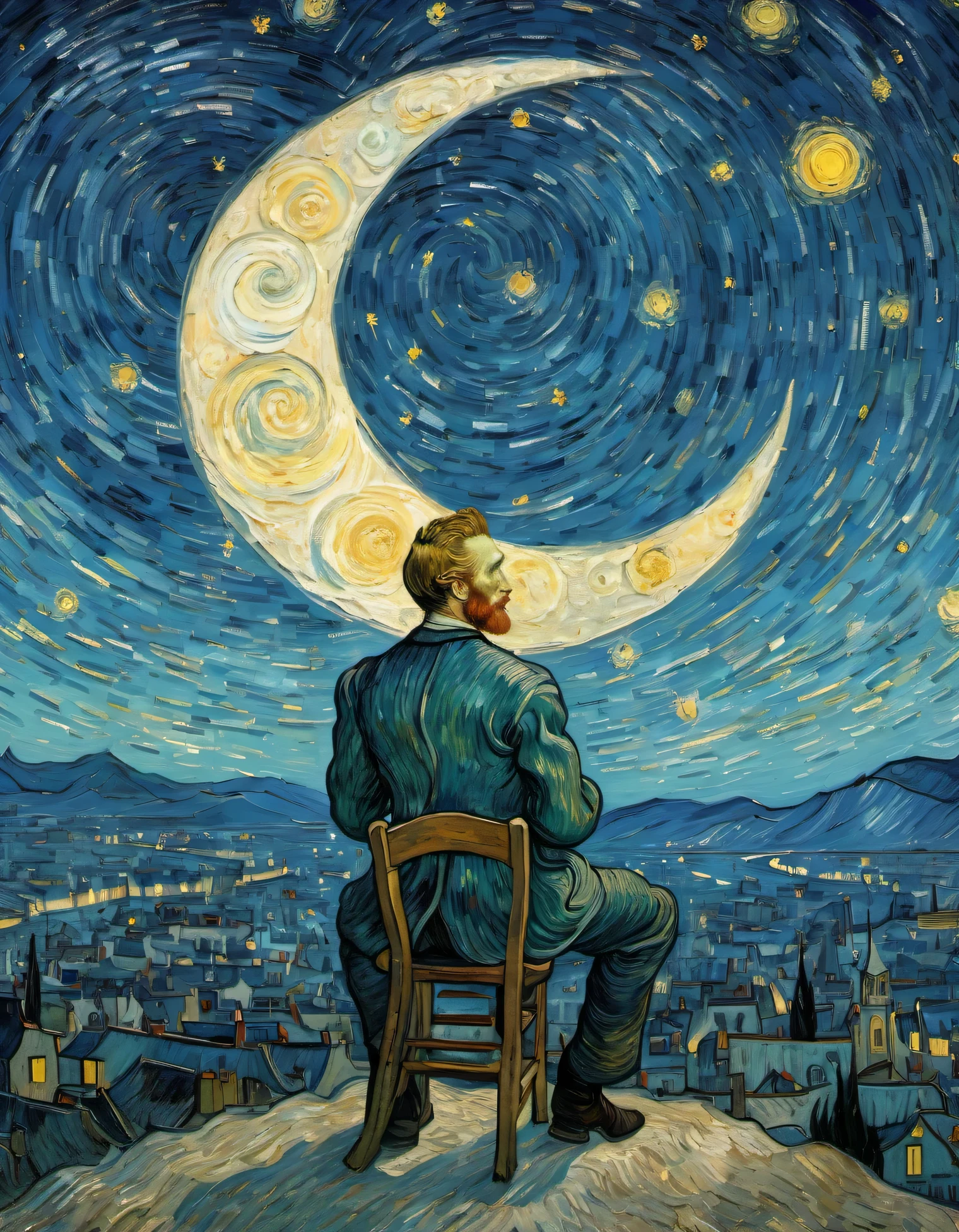 Vincent van Gogh sits on the crescent moon in the sky looking at the starry night