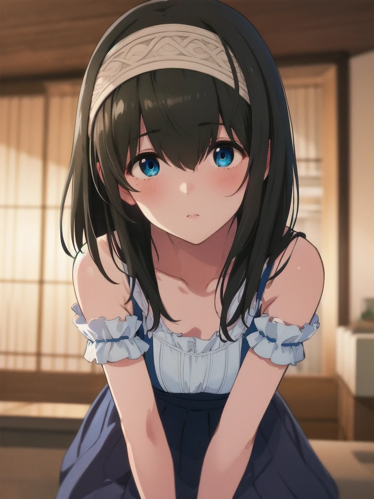 (((masterpiece))), two-dimensional, best quality, illustration, (((pixel-perfect, detail-perfect))), ((ultra-detailed)), (illustration), ((an extremely delicate and beautiful)), perfect body, Alone, ((sagisawa_fumika)), idolmaster_cinderella_girls, beady eyes, ((deepblue_eye)), hairband, ((black_hair)), (((straight_hair))), (((medium_hair))), wearing buruma, sagisawa fumika