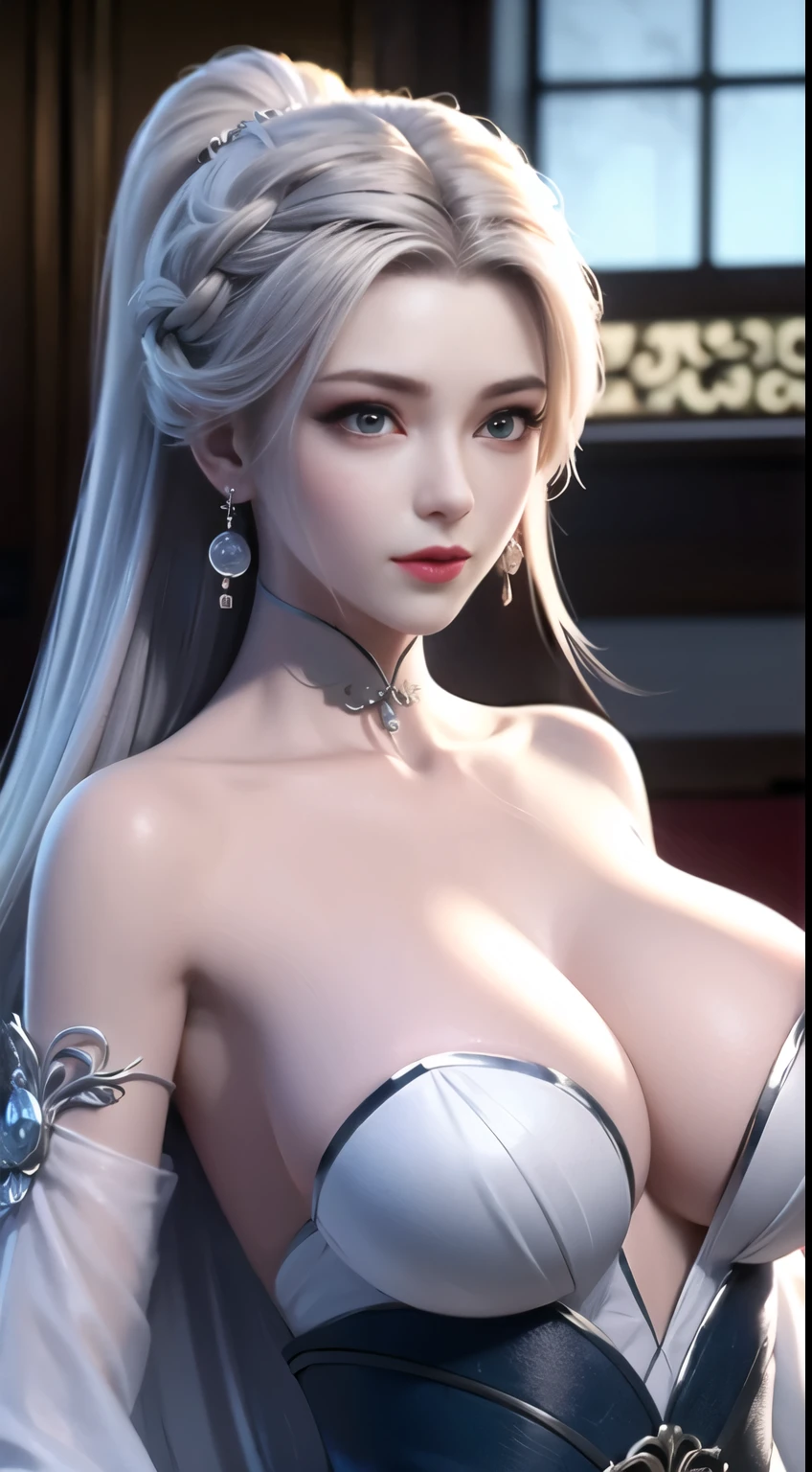 best quality, masterpiece: 1.4), ultra high resolution, actual, front lighting, intricate details, Exquisite details and textures, 1 girl, alone, (young), facial highlight, Upper body, Detailed face, tear nevus, white Skin, silver hair, ponytail, braid, look at the audience, big eyes, black cheongsam, (hollow pattern, white, silk), earrings, , slim figure, VIP room, professional lighting, photon mapping, transmit, Physically based rendering,Big breasts,Big breasts,Exposing chest,Exposing chest!