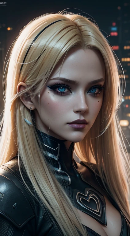 Ultra-realistic CG illustration of a jess nigri woman with piercing eyes and bold makeup. She's wearing a leather jacket with a crop top., And her long red hair is styled in a sleek hairstyle.