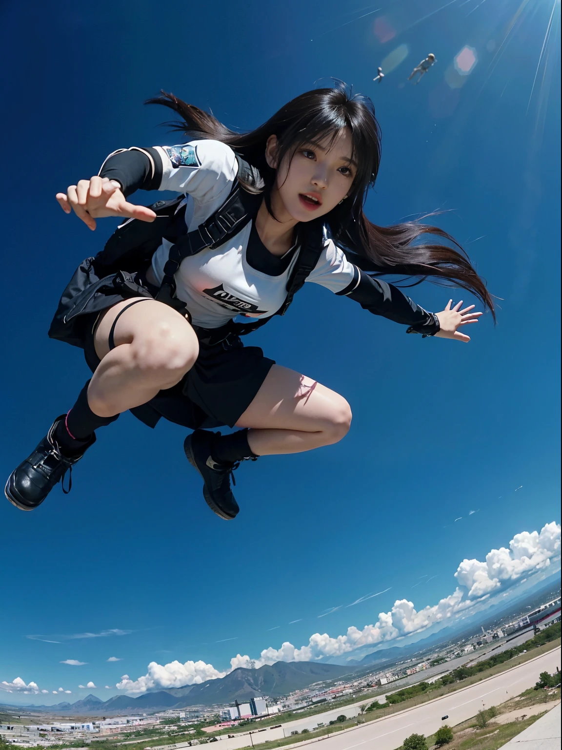 Jump skydiving scene, black pink Lisa parachuting with long hair flying in a mess, black police uniform, harness, flowing pink miniskirt, upskirt look, in a panoramic view, anatomically correct, above knee portrait photo, very realistic, material reflective and dispersive. Dispersion of light and sunlight, and clouds high detail, high quality