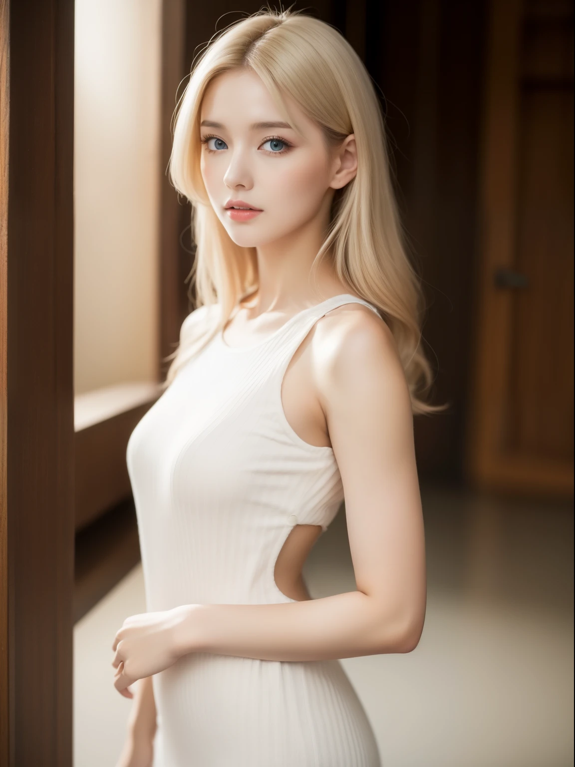 Elongated ears, large bust, slender figure, slit blue eyes, ideal proportions, semi-long blonde hair, ponytail, smiling face, full body shot, white dress slit rolled up, company corridor, ultra realistic,, realistic capture, high detail, high resolution 16K human skin close-up Skin texture must be natural, pores fine enough to identify, Mix4, 20d, SOLO, full body, Look at Viewer, (8K, RAW capture, top quality 1), (Real Photo 2) Realism in Real Photo: 1.37), professional lighting, Photon Mapping, Radiosity, Physics-based rendering.