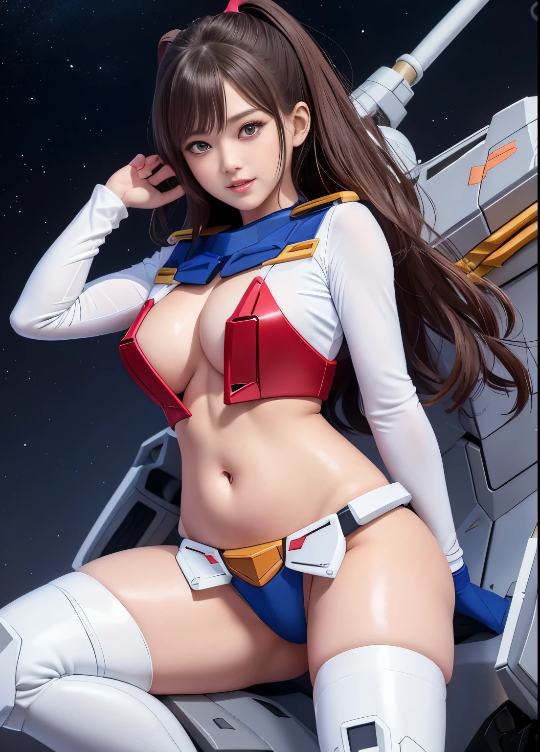 (highest quality)、(masterpiece)、detailed、realism、Mobile Suit Gundam F91 personification、Great highlights on the upper body, Powerful Mech、Chibi Character、universe、Beam rifle, girl, 22 years old, , Beautiful Eyes, Modest nose、Moisturized lips、smile、belly button、Absolute area, Wet slightly thick thighs、A little chubby、Loincloth、Very affectionate love relationship、Spread your legs、The genitals are visible、Enemy battle scene,Be enchanted by amazing beauty、